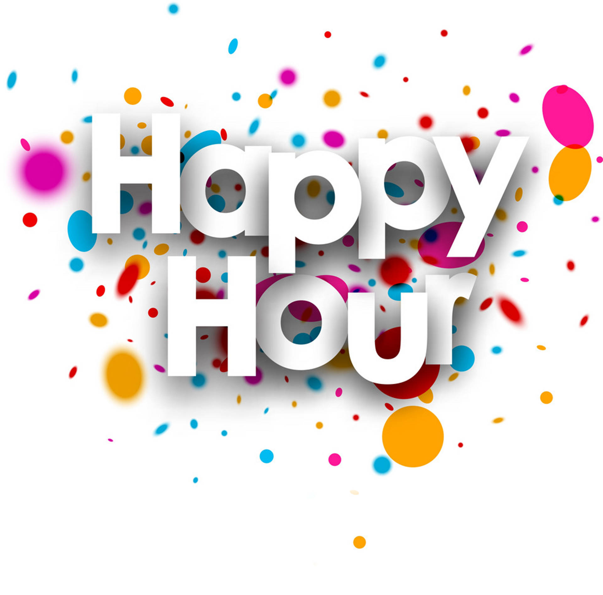 Hour 桌布 壁紙 — 大膽的白色「Happy Hour」文字在潔白背景上綻放出色彩繽紛的紙屑。