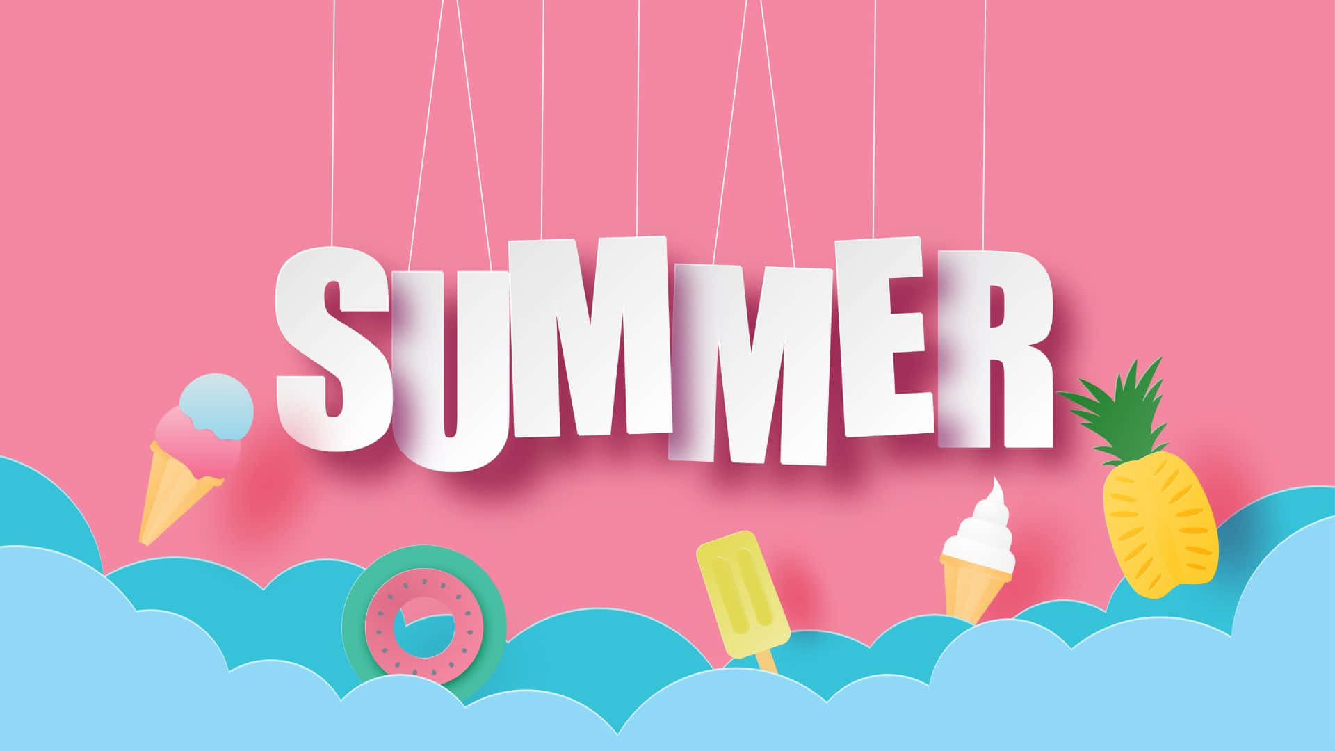 1920x1080 Summer 桌布 壁紙 — 大膽的白色「SUMMER」字母懸掛在藍色波浪上方，搭配冰淇淋棒、西瓜和鳳梨，以俏皮的剪紙風格呈現。