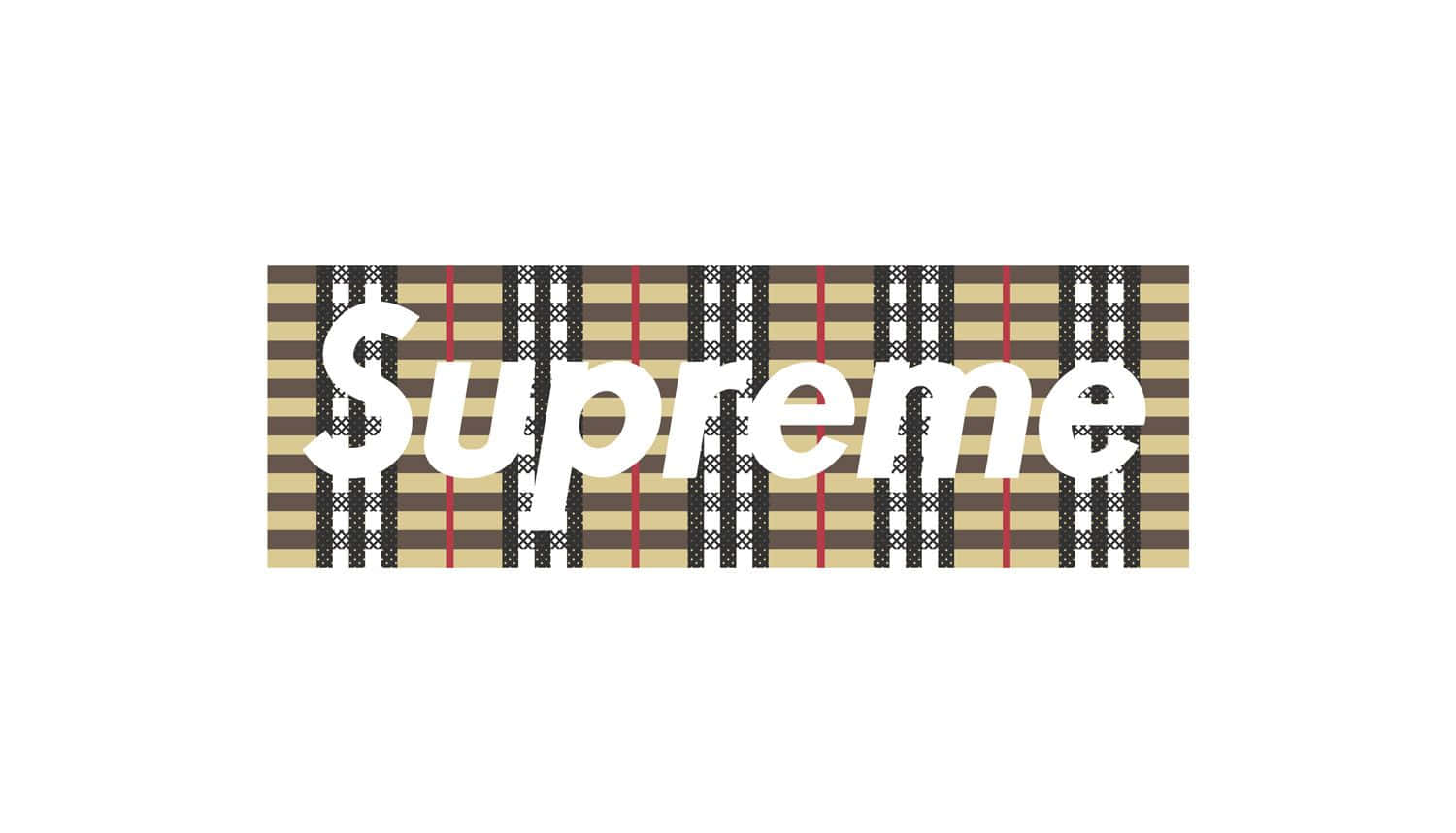 Burberry 桌布 壁紙 — 大膽的白色 'Supreme' 標誌覆蓋在經典 Burberry 格紋圖案上，帶有米色、黑色和紅色條紋。