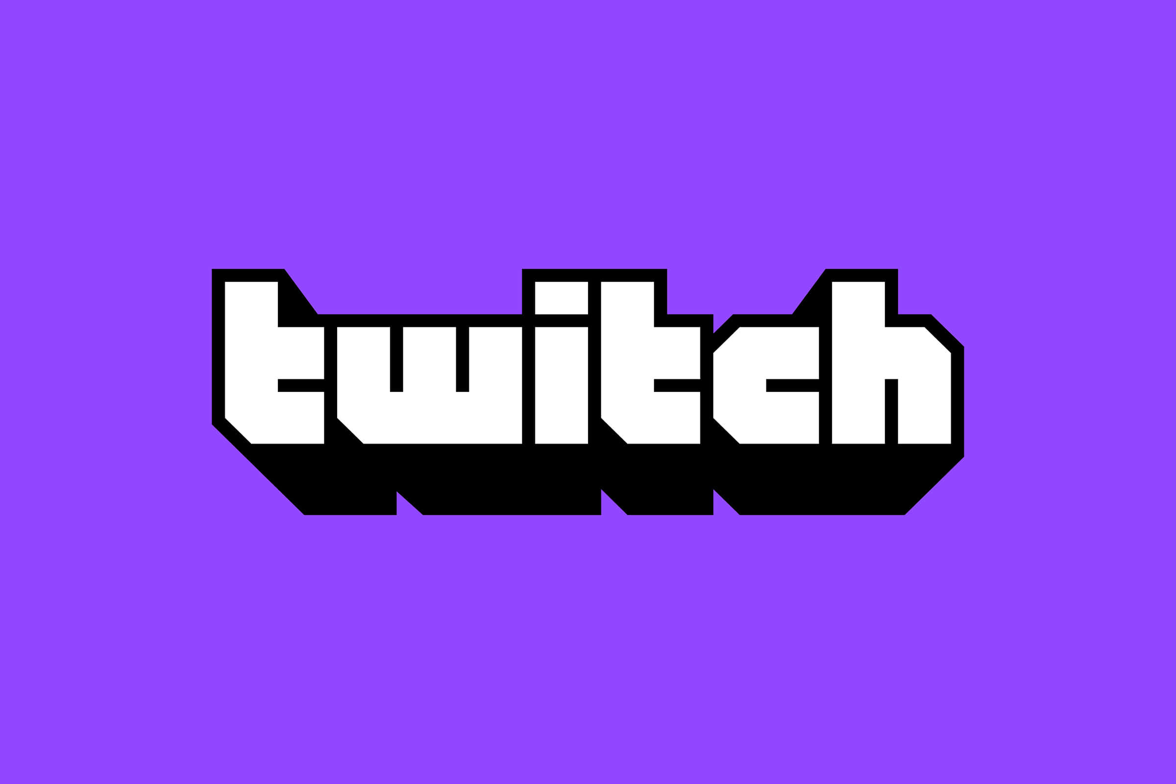 Twitch 桌布 壁紙 — 大膽的白色 Twitch 標誌，帶有黑色輪廓，居中在純紫色背景上。