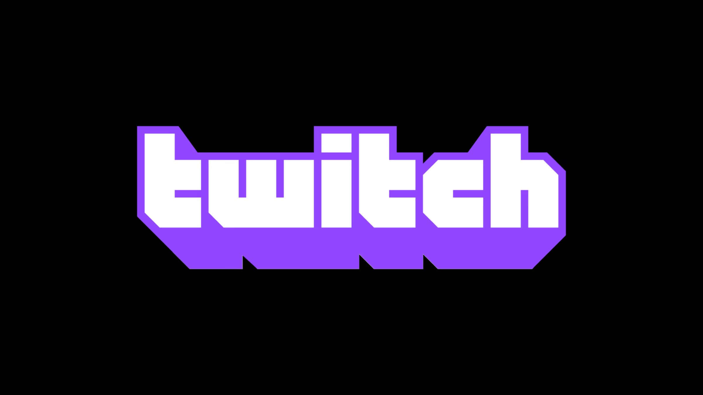 Twitch 桌布 壁紙 — 大膽的白色 'twitch' 標誌，帶有紫色輪廓，居中在純黑色背景上。