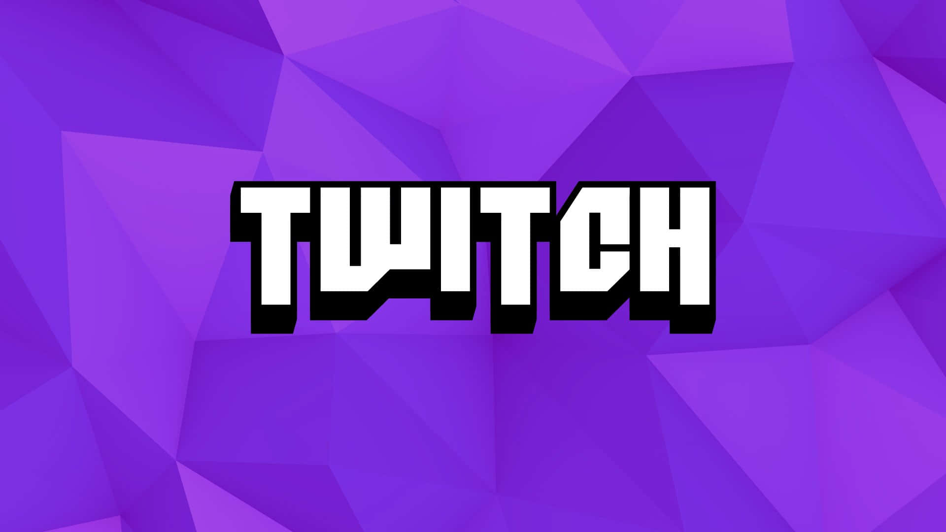 Twitch 桌布 壁紙 — 大膽的白色 Twitch 標誌，帶有黑色輪廓，居中於充滿活力的紫色幾何多邊形背景上。