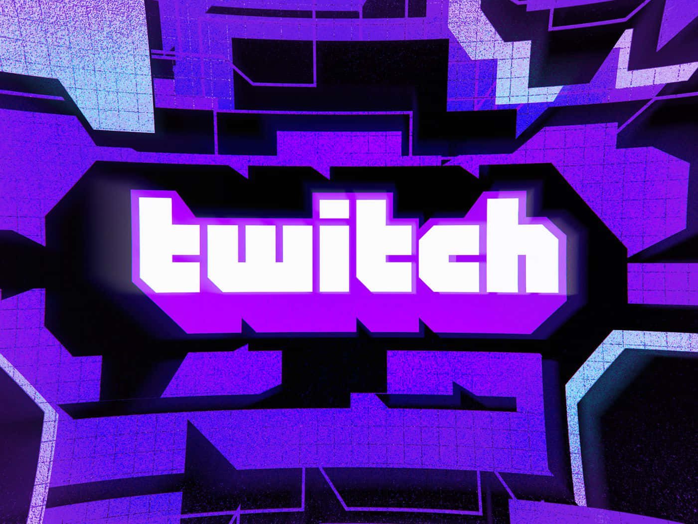 Twitch 桌布 壁紙 — 大膽的白色 Twitch 標誌在未來感紫色和黑色幾何數位背景上發光。