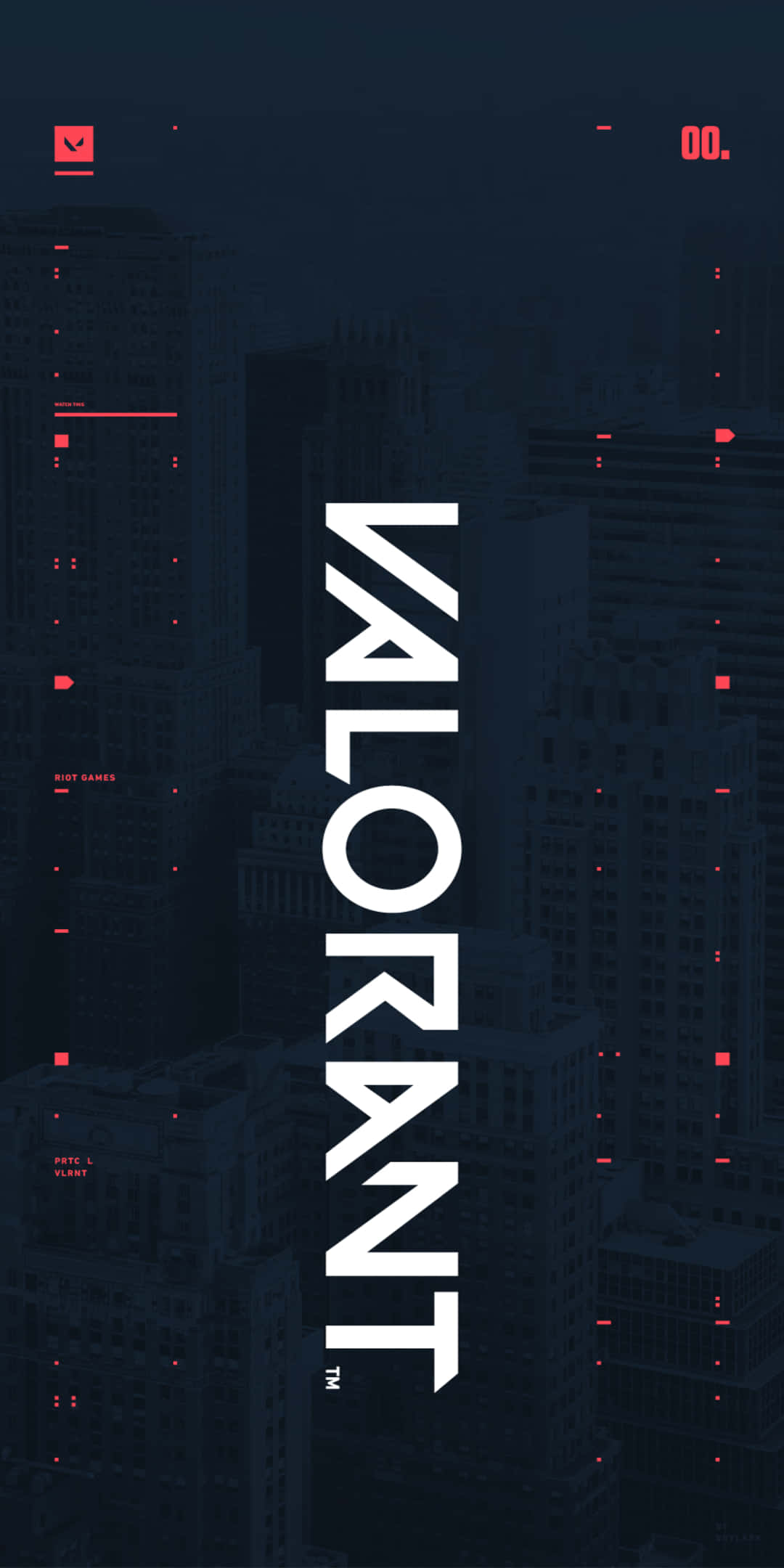 Pixel 3 Valorant 桌布 壁紙 — 大膽的白色「VALORANT」文字主導了帶有紅色數位故障效果和UI元素的黑暗城市景觀。