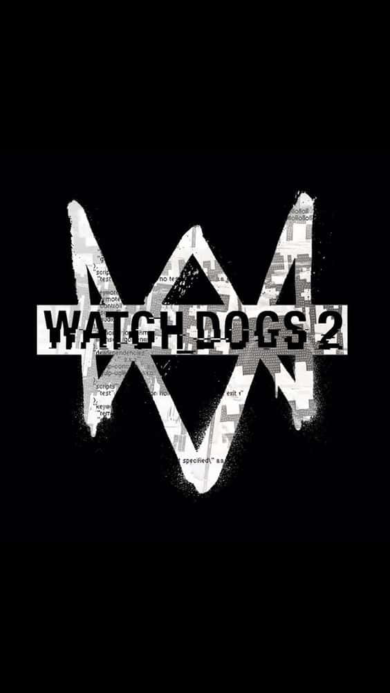 電玩遊戲 桌布 壁紙 — 大膽的白色 Watch Dogs 2 標誌，帶有故障文字和碎片化設計，置於鮮明的黑色背景上。