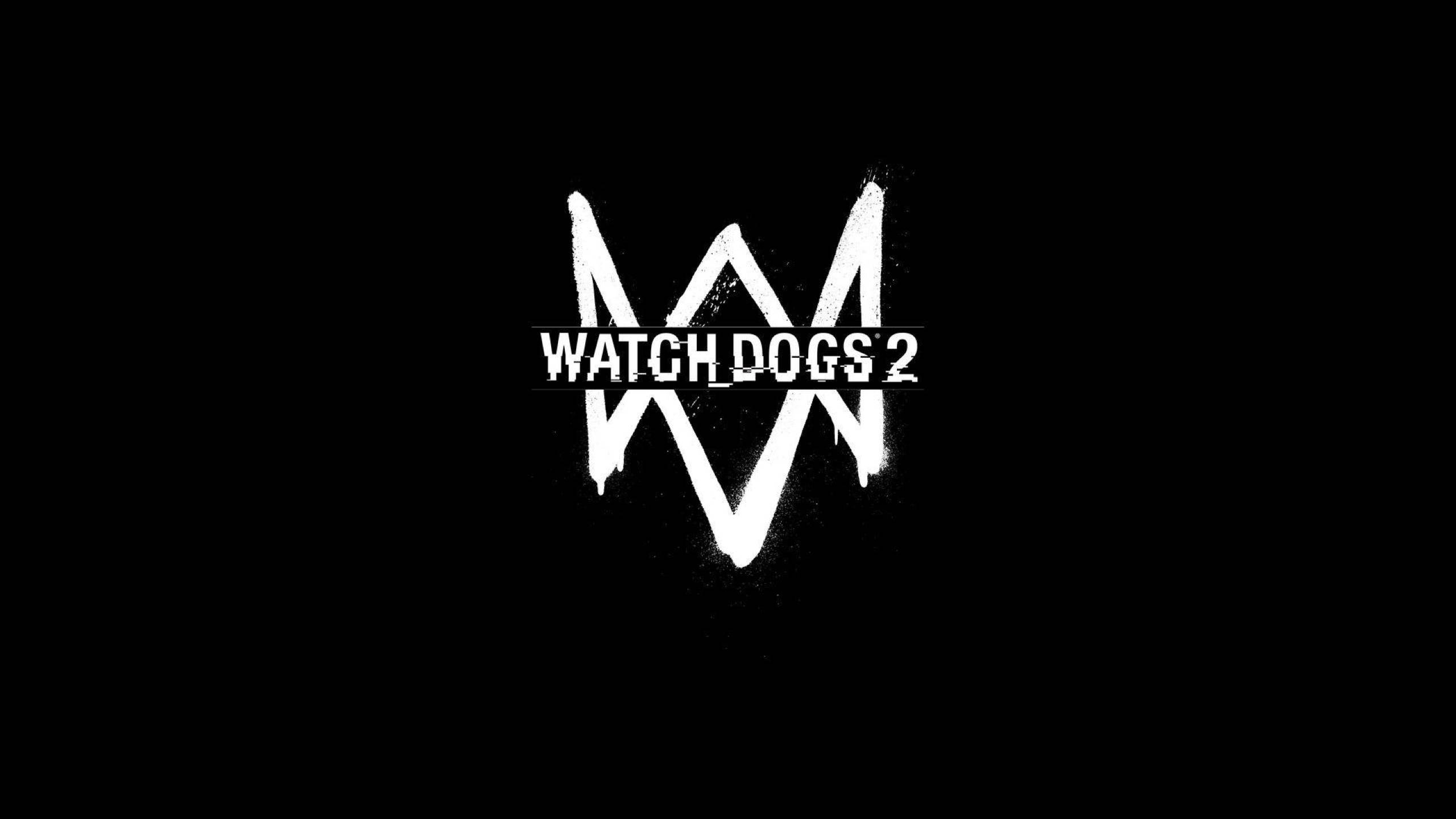 Gaming Logos 桌布 壁紙 — 大膽的白色 Watch Dogs 2 標誌，帶有故障紋理，居中在純黑背景上。