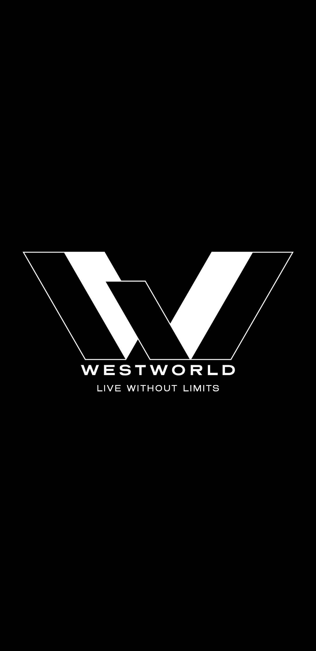 西方極樂園 桌布 壁紙 — 大膽的白色 Westworld 標誌及標語，襯托在純黑背景上。