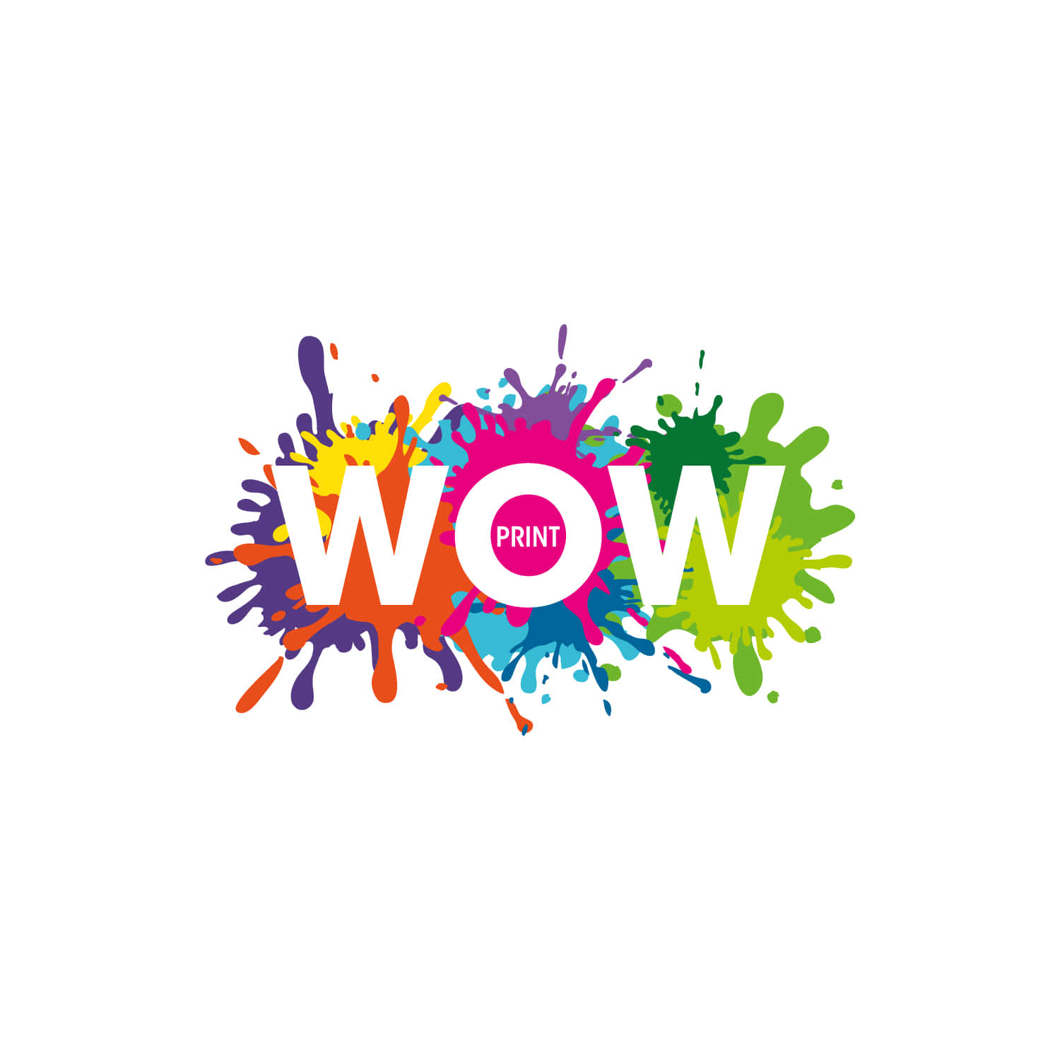 哇 桌布 壁紙 — 大膽的白色「WOW」文字，周圍環繞著充滿活力的多色油漆飛濺，背景為潔淨的白色。