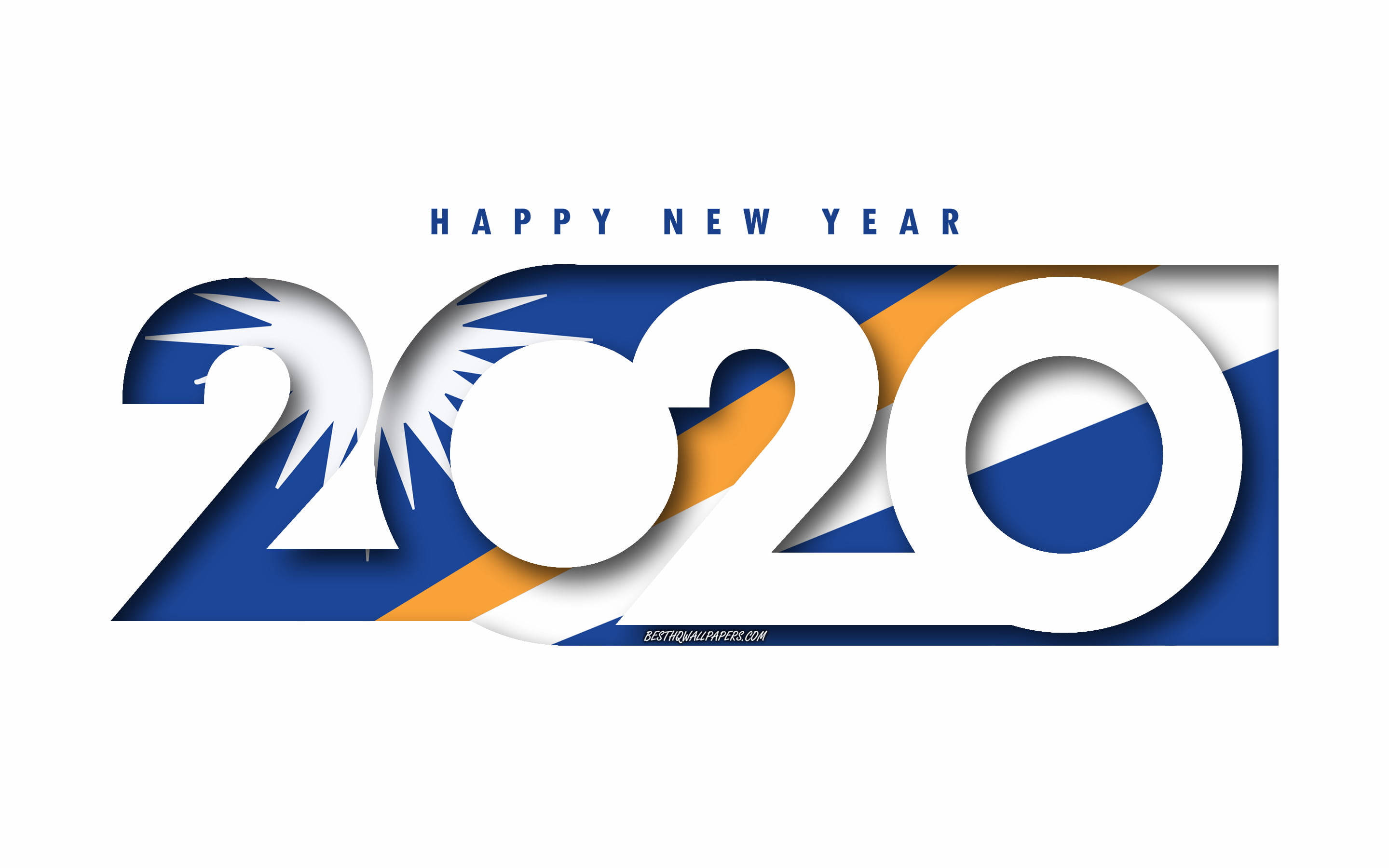 Marshall Island 桌布 壁紙 — 大膽的白色2020數字，帶有藍色和橙色的幾何裝飾，上方有「HAPPY NEW YEAR」文字。