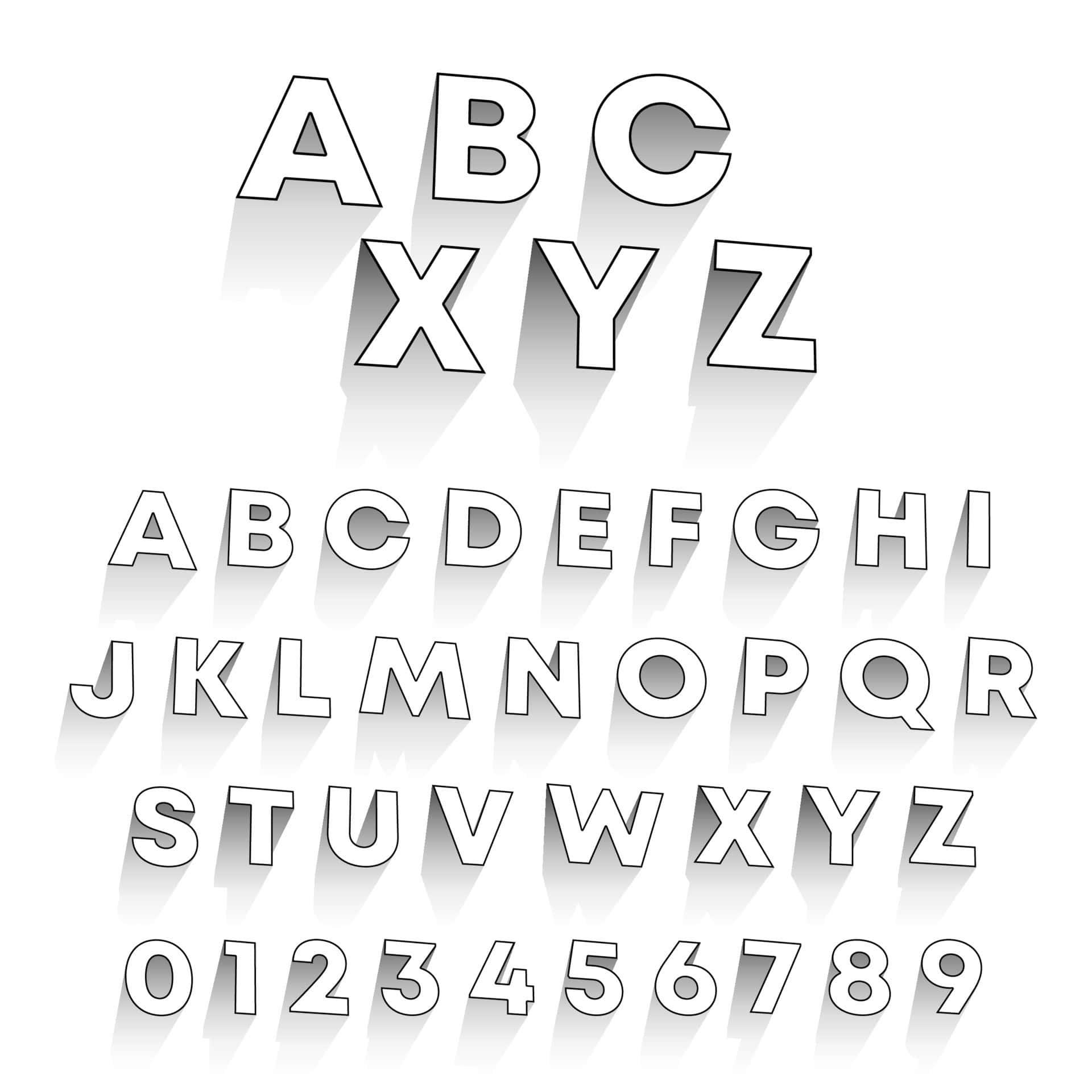 Black And White Letter 桌布 壁紙 — 大膽的白色3D字母和數字在乾淨的白色背景上投下長長的陰影。