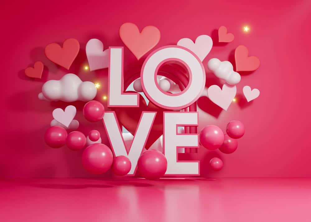 愛心 桌布 壁紙 — 大膽的白色3D字母拼出LOVE，周圍環繞著漂浮的心形和氣球，背景是充滿活力的粉紅色。