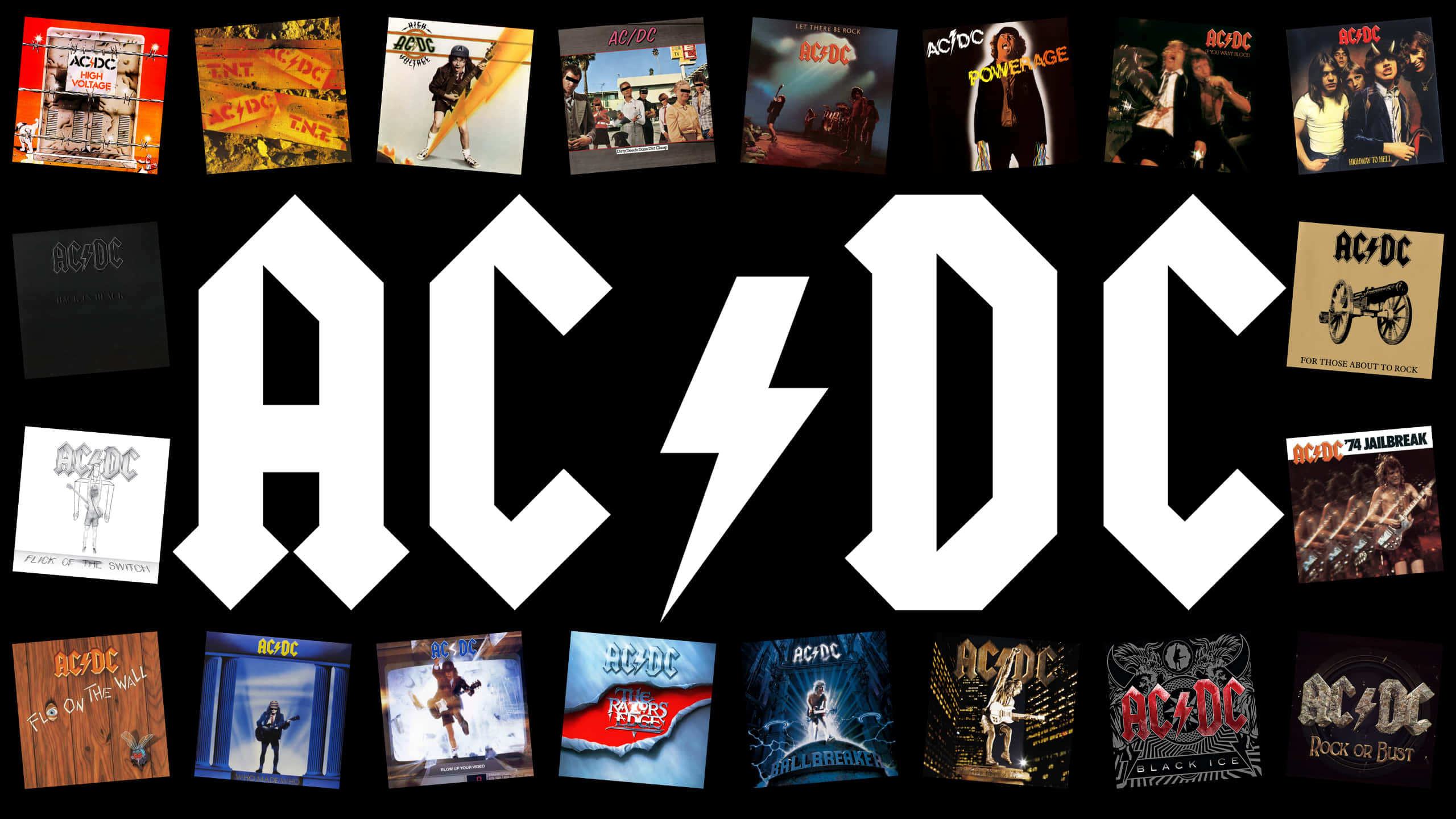 Ac Dc 桌布 壁紙 — 大膽的白色ACDC標誌，閃電居中，覆蓋在黑色背景上其標誌性專輯封面的拼貼畫上。