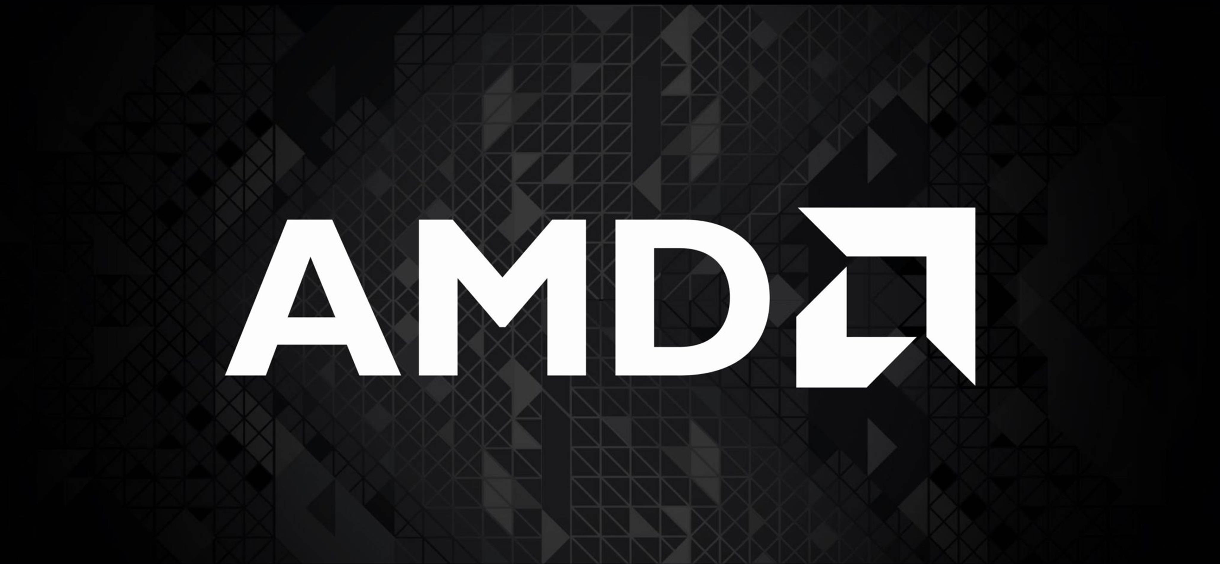 AMD 桌布 壁紙 — 大膽的白色AMD標誌置於深色幾何圖案背景中央。