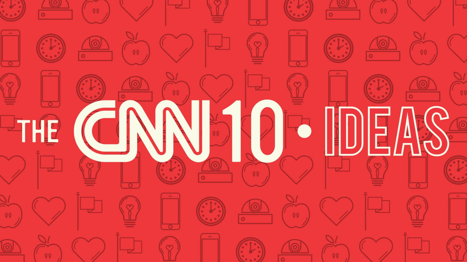 標誌 桌布 壁紙 — 大膽的白色CNN10 IDEAS文字，背景為充滿重複線條藝術圖標（時鐘、電話、心形和燈泡）的鮮紅色背景。