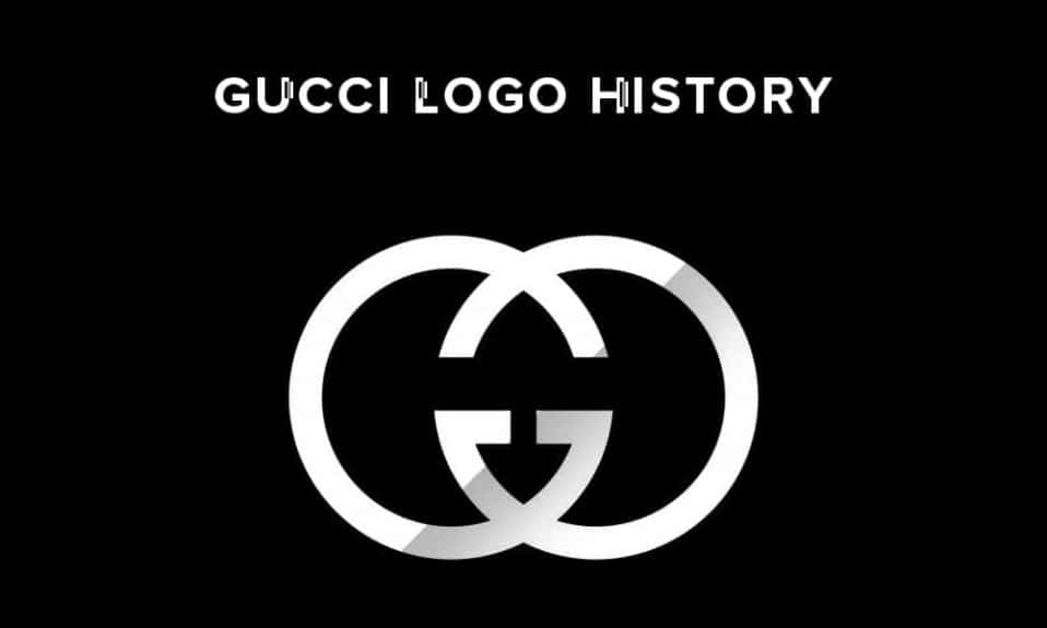 Gucci 桌布 壁紙 — 大膽的白色Gucci雙G標誌，帶有金屬光澤，位於純黑色背景中央，下方有「GUCCI LOGO HISTORY」文字。