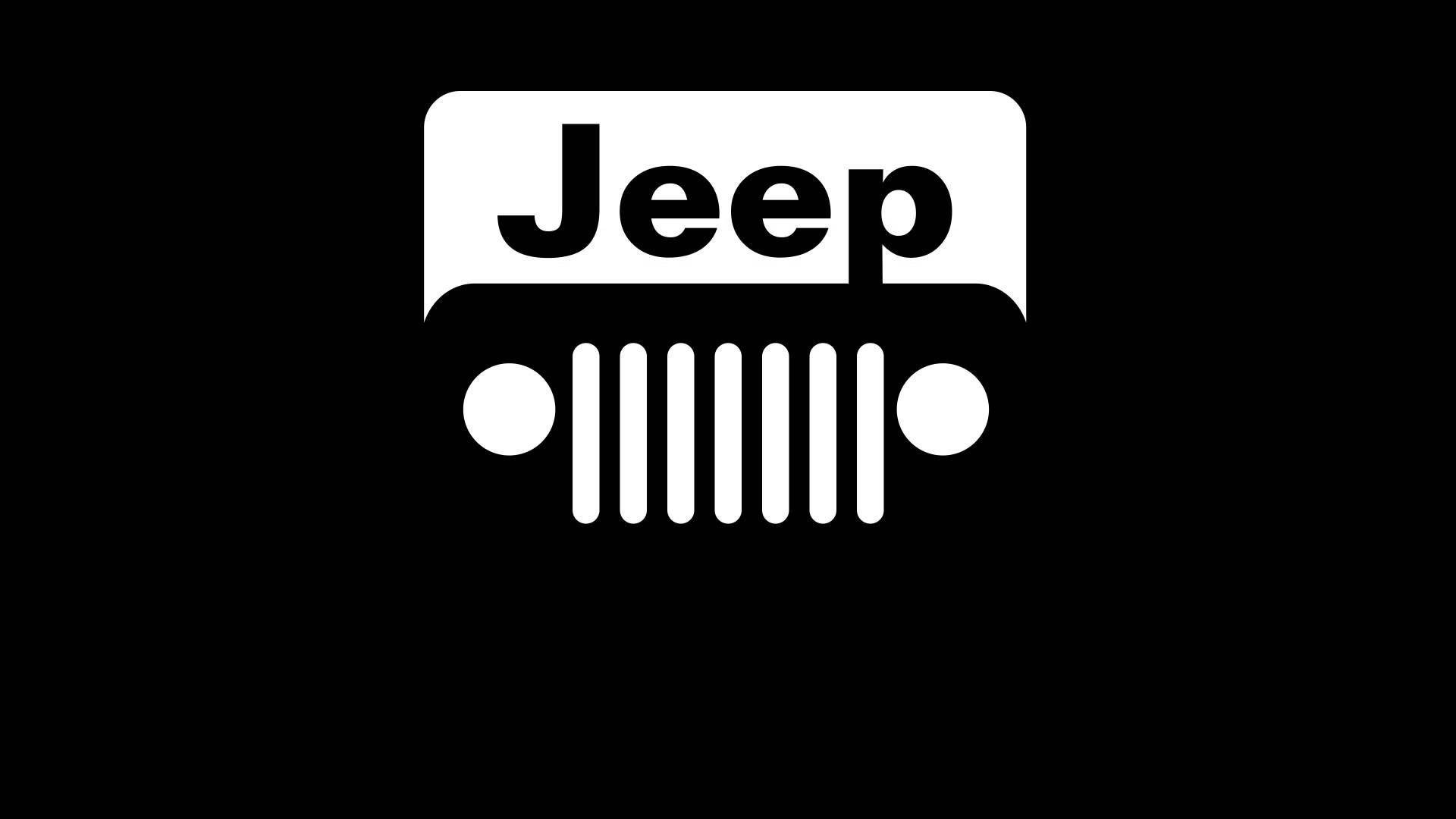 Black Jeep 桌布 壁紙 — 大膽的白色Jeep標誌，帶有標誌性的七槽格柵，在純黑色背景上顯得格外突出。