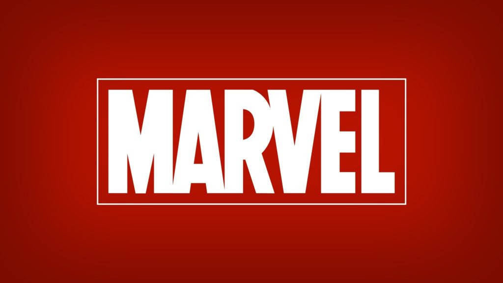 Marvel Logo 桌布 壁紙 — 大膽的白色Marvel標誌居中於白色矩形內，背景為純紅色漸變。