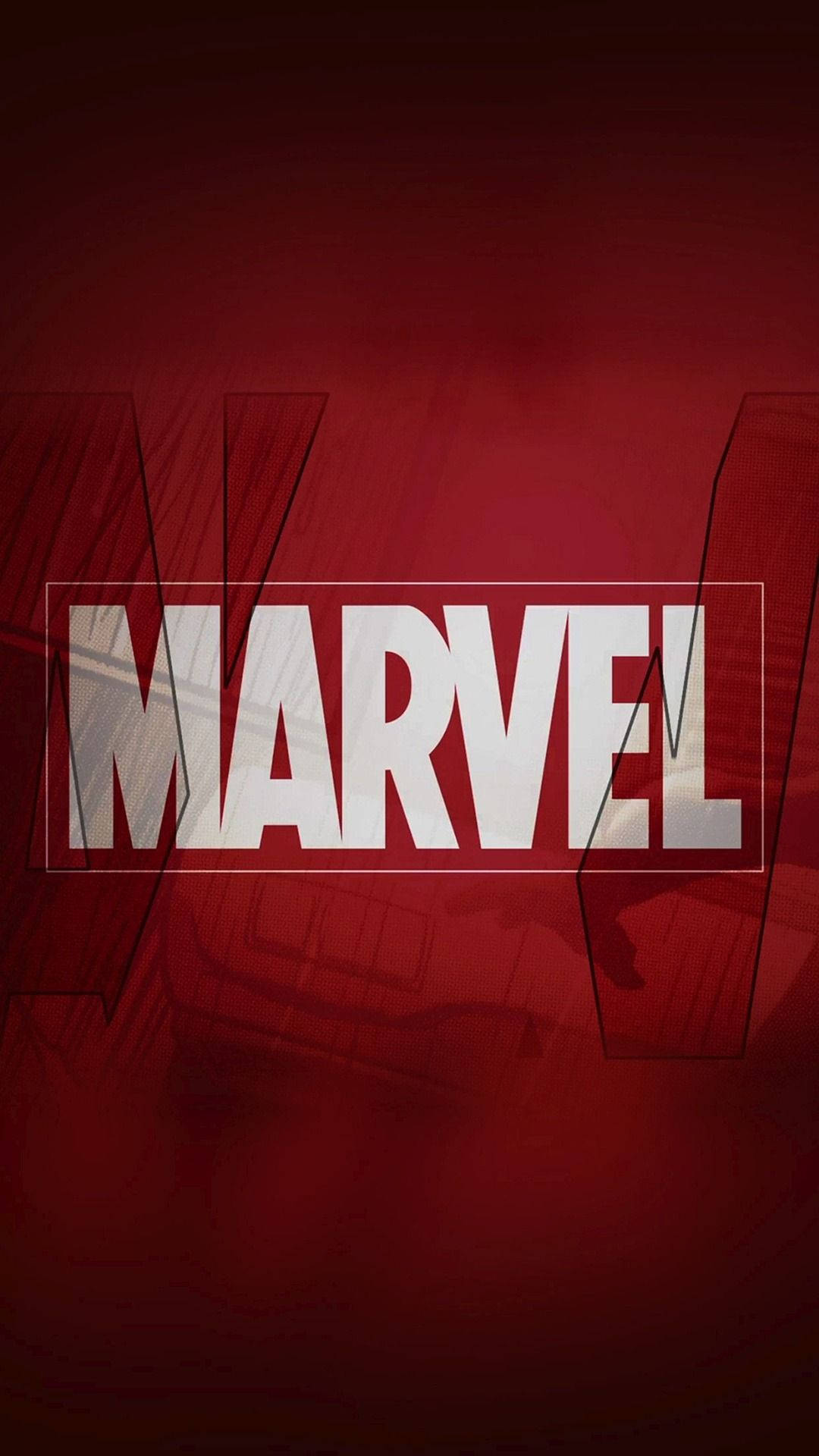 漫威手機 桌布 壁紙 — 大膽的白色Marvel標誌居中於深紅色漸變背景上，帶有模糊的漫畫面板線條。