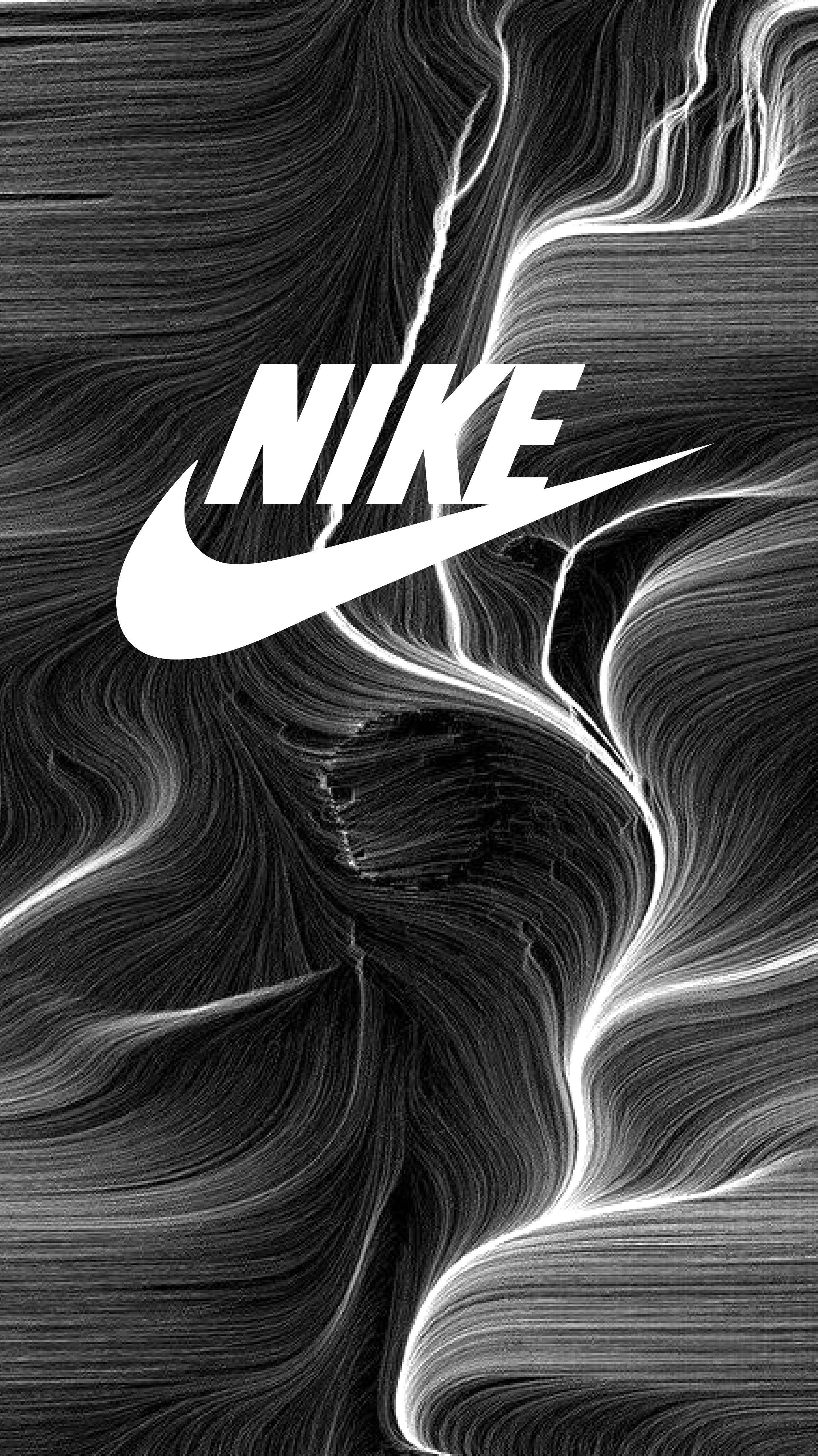 Nike iPhone 桌布 壁紙 — 大膽的白色Nike標誌居中在動態的黑白抽象漩渦背景上。