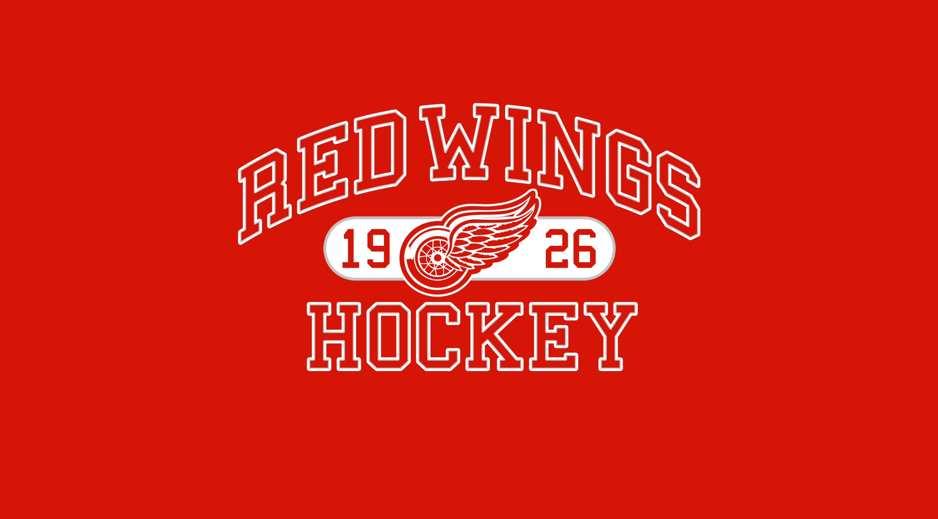 detroit 桌布 壁紙 — 大膽的白色Red Wings曲棍球標誌，帶有翼輪和1926年日期，居中於純紅色背景上。