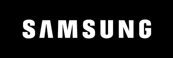 三星 桌布 壁紙 — 大膽的白色Samsung標誌居中在純黑色背景上，搭配簡潔極簡的字體設計。