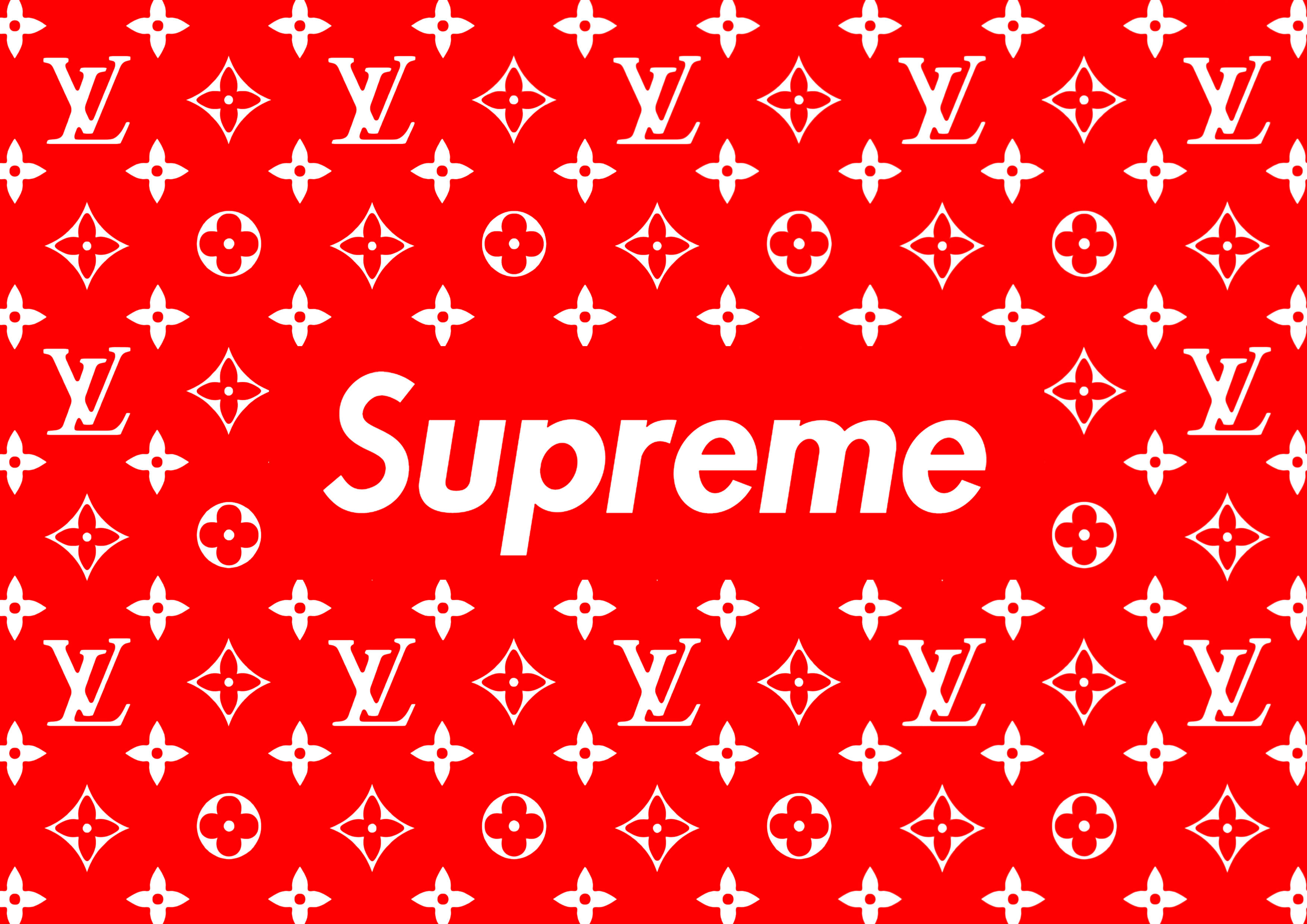 紅色至尊 桌布 壁紙 — 大膽的白色Supreme標誌居中在充滿重複LV字母組合圖案的鮮紅色背景上。