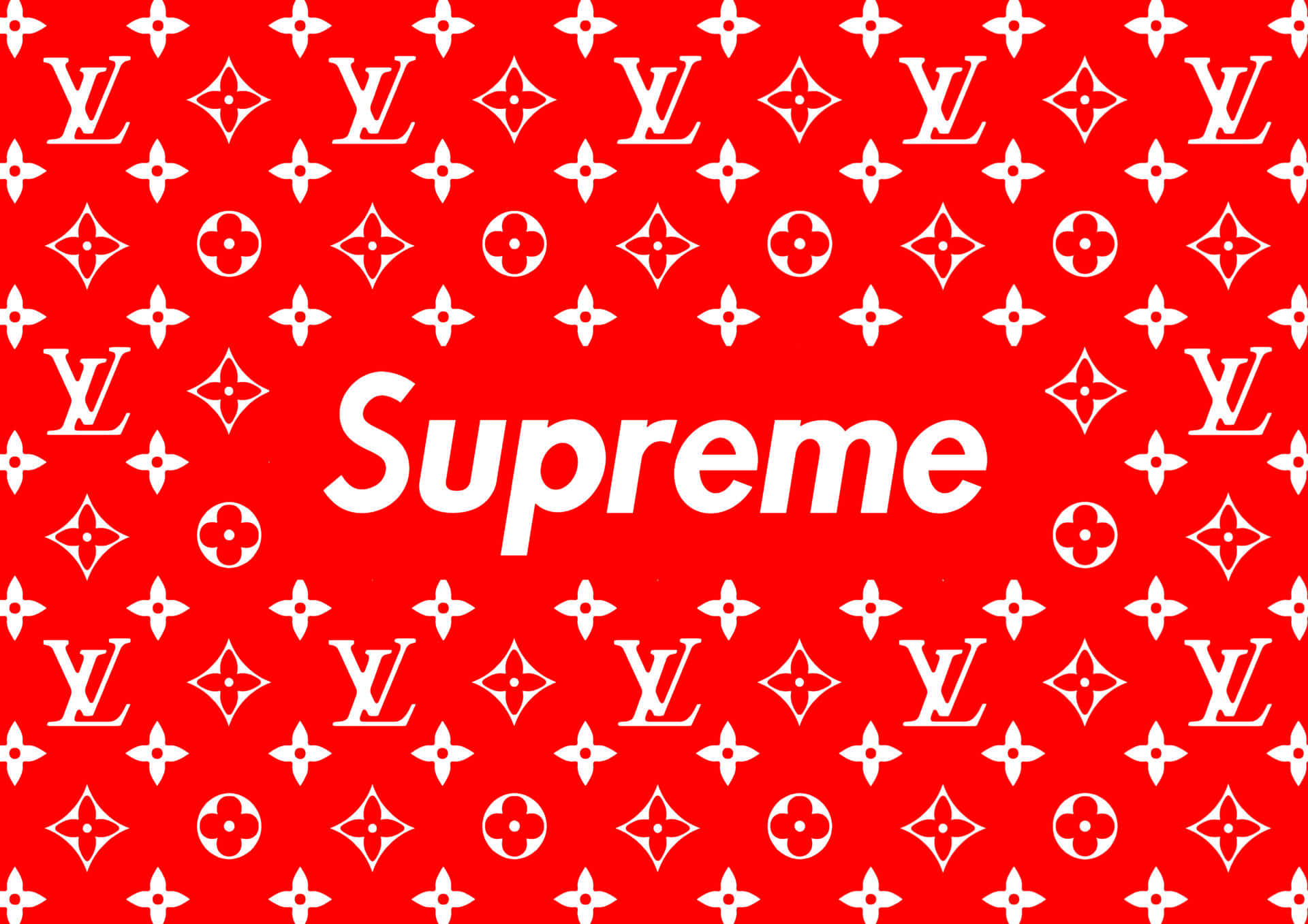 Louis Vuitton Logo 桌布 壁紙 — 大膽的白色Supreme標誌置中於充滿重複Louis Vuitton monogram圖案的鮮紅色背景上。