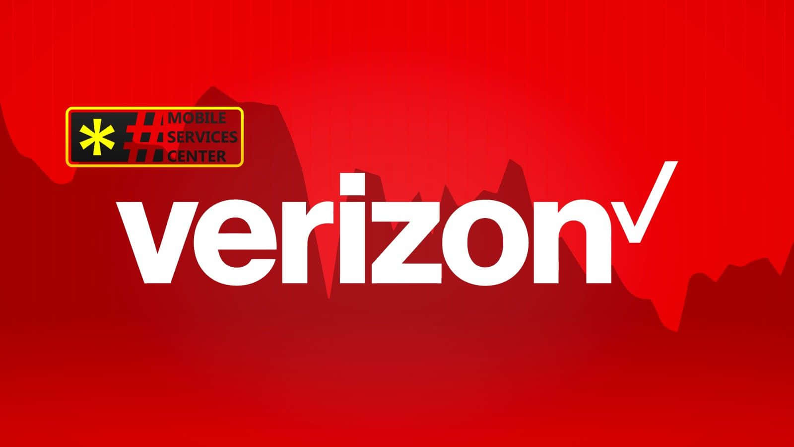 Verizon 桌布 壁紙 — 大膽的白色Verizon標誌和行動服務中心標誌在帶有山脈剪影的鮮紅色漸變背景上脫穎而出。