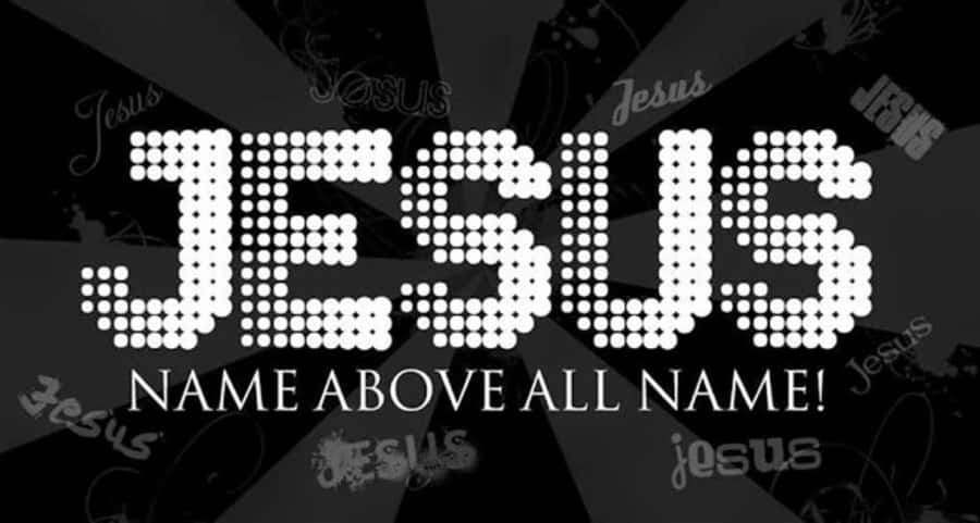 Jesus Name 桌布 壁紙 — 大膽的白色像素化JESUS文字主導深色背景，重複褪色的耶穌字體以數位故障風格呈現。