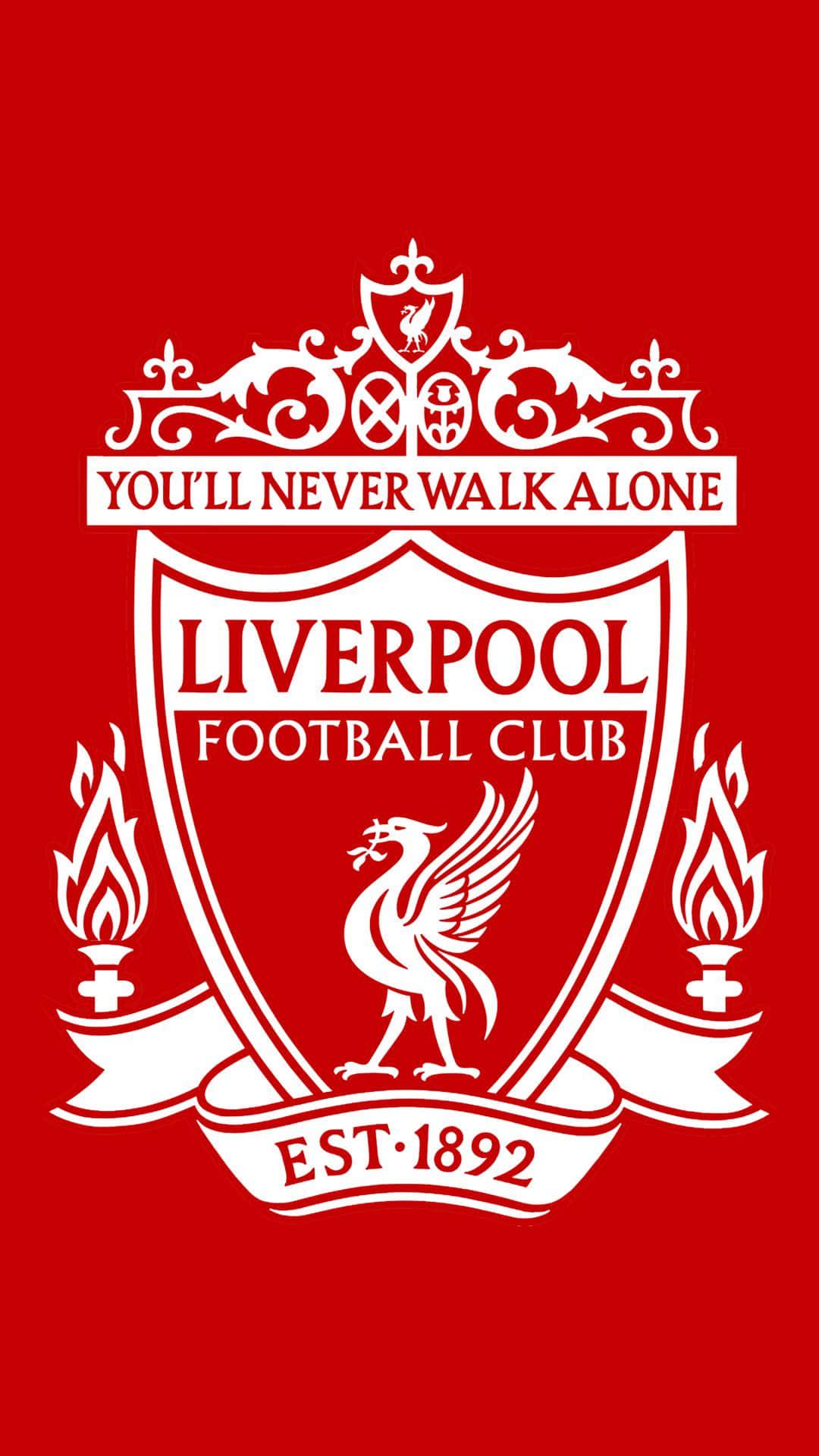 Liverpool Logo 桌布 壁紙 — 大膽的白色利物浦足球俱樂部徽章，帶有利物鳥和格言，在純紅色背景上脫穎而出。