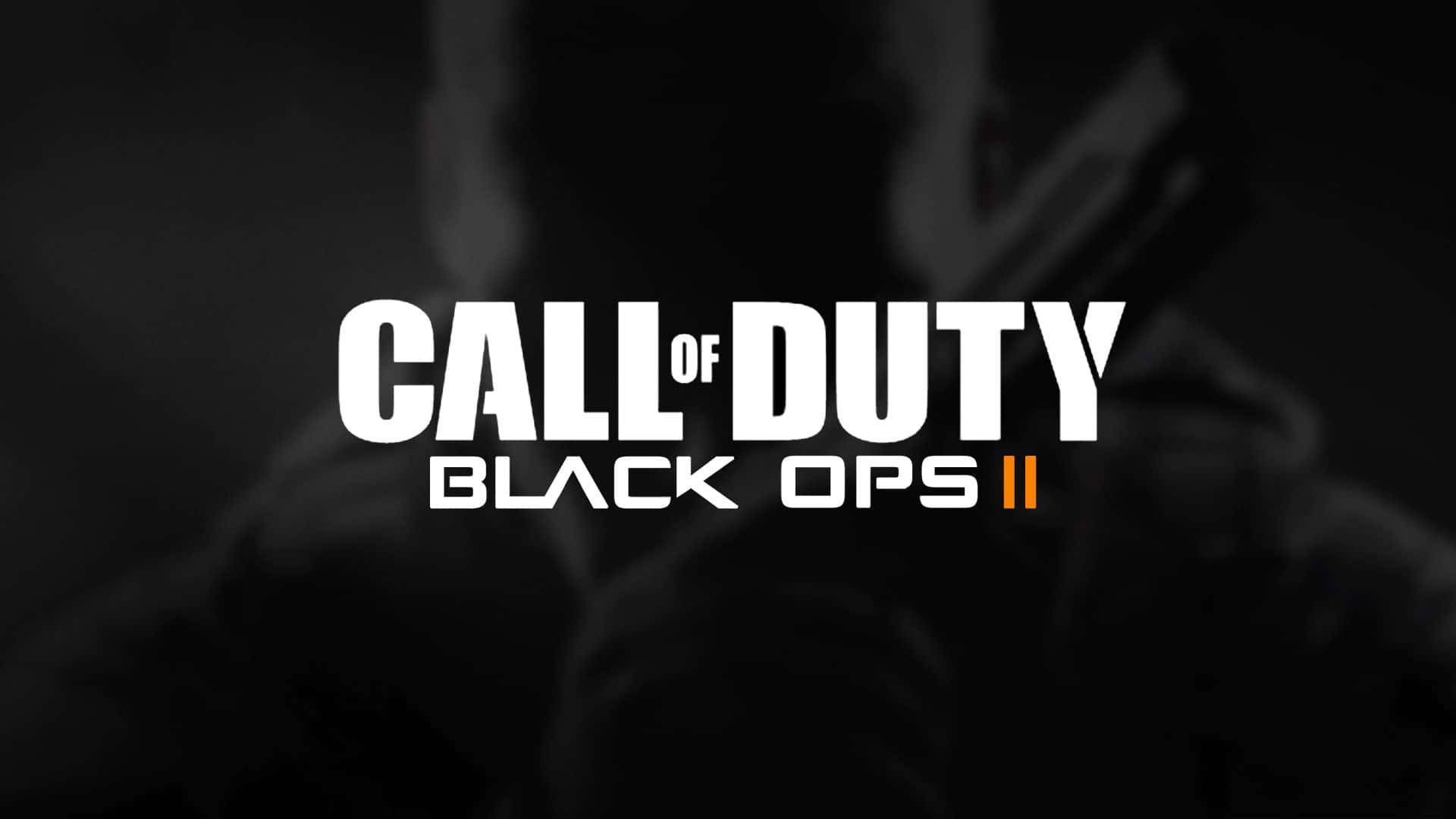 Call Of Duty Black Ops 桌布 壁紙 — 大膽的白色和橙色 Call of Duty Black Ops II 標誌居中於一個手持武器的士兵的模糊深色剪影之上。