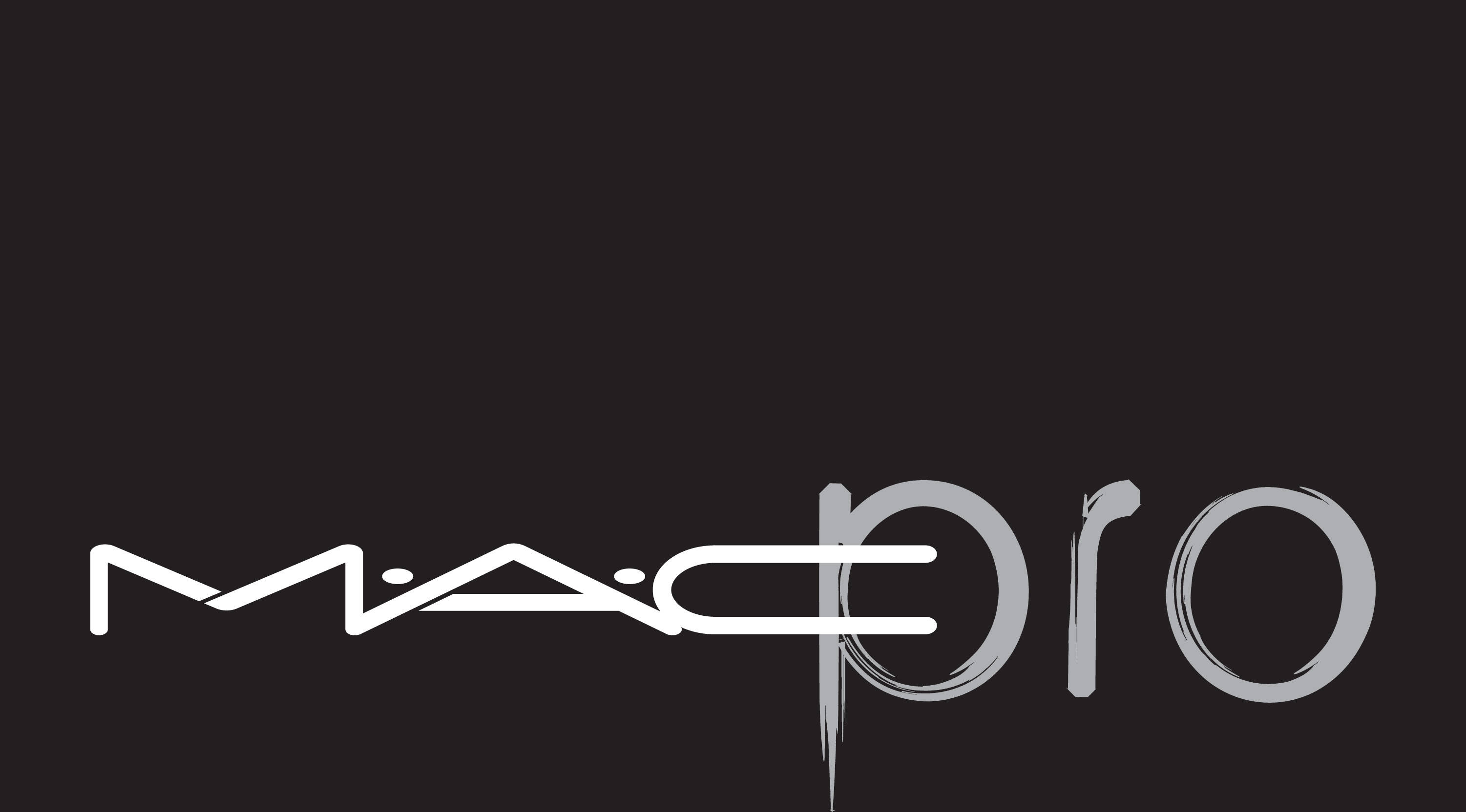 Cosmetics 桌布 壁紙 — 大膽的白色和灰色 MAC PRO 標誌居中於純色深色背景上，搭配極簡字體。