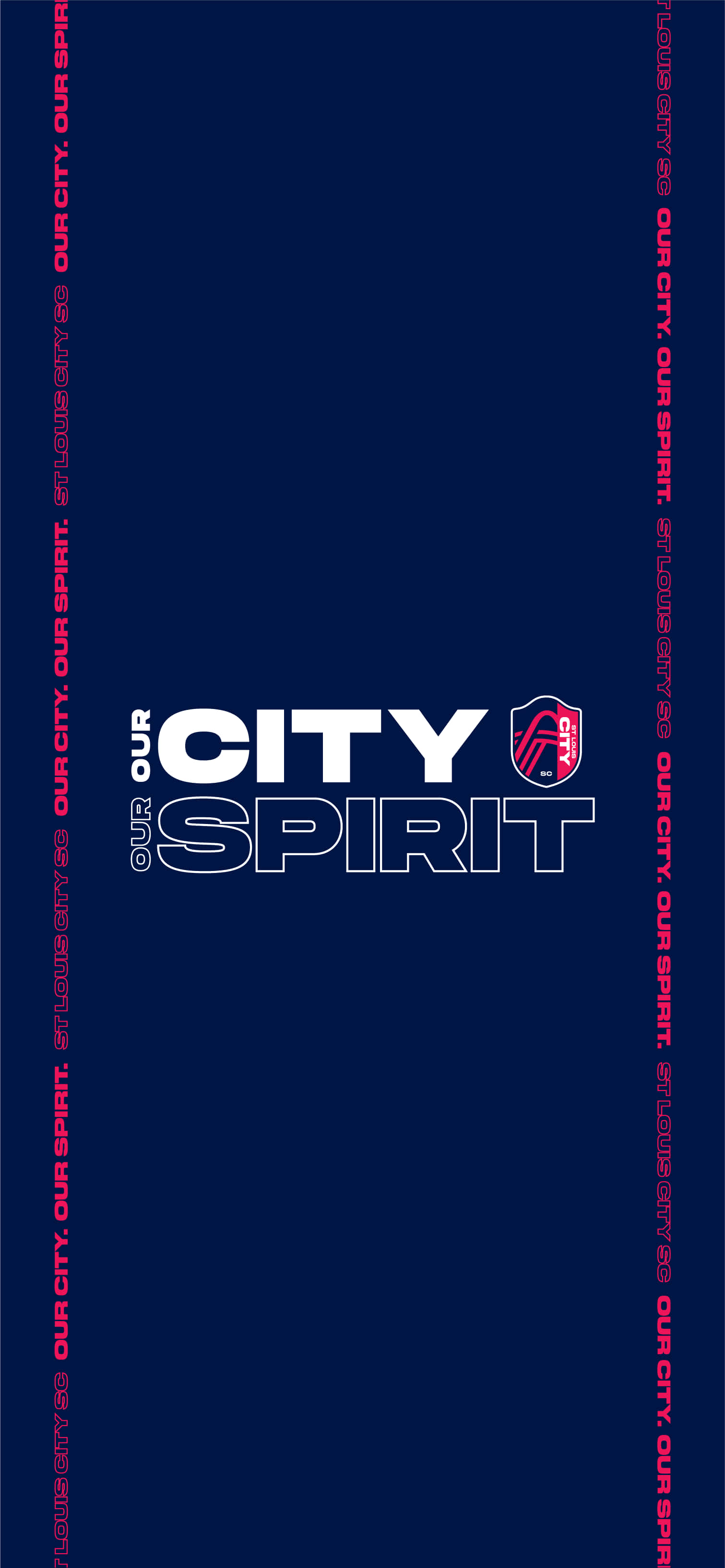足球 桌布 壁紙 — 大膽的白色和粉紅色「OUR CITY OUR SPIRIT」文字，團隊標誌居中，深海軍藍背景，帶有重複的垂直文字邊框。
