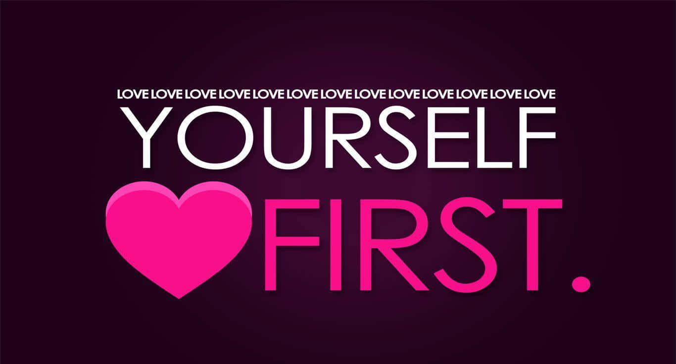 love yourself 桌布 壁紙 — 大膽的白色和粉紅色文字在深紫色漸層背景上配上心形符號，呼籲自愛。