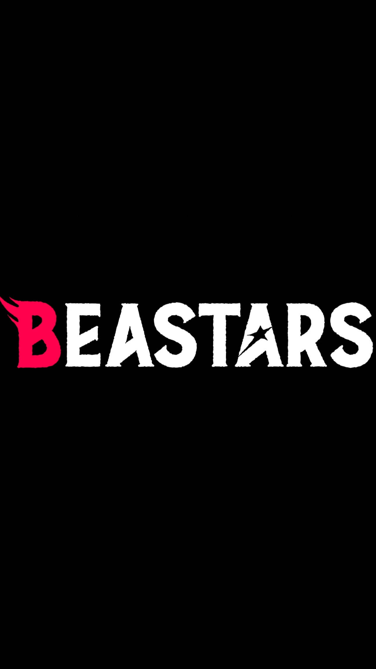 獸星 桌布 壁紙 — 大膽的白色和紅色「BEASTARS」標誌居中在簡潔的黑色背景上，帶有風格化的火焰和星星裝飾。