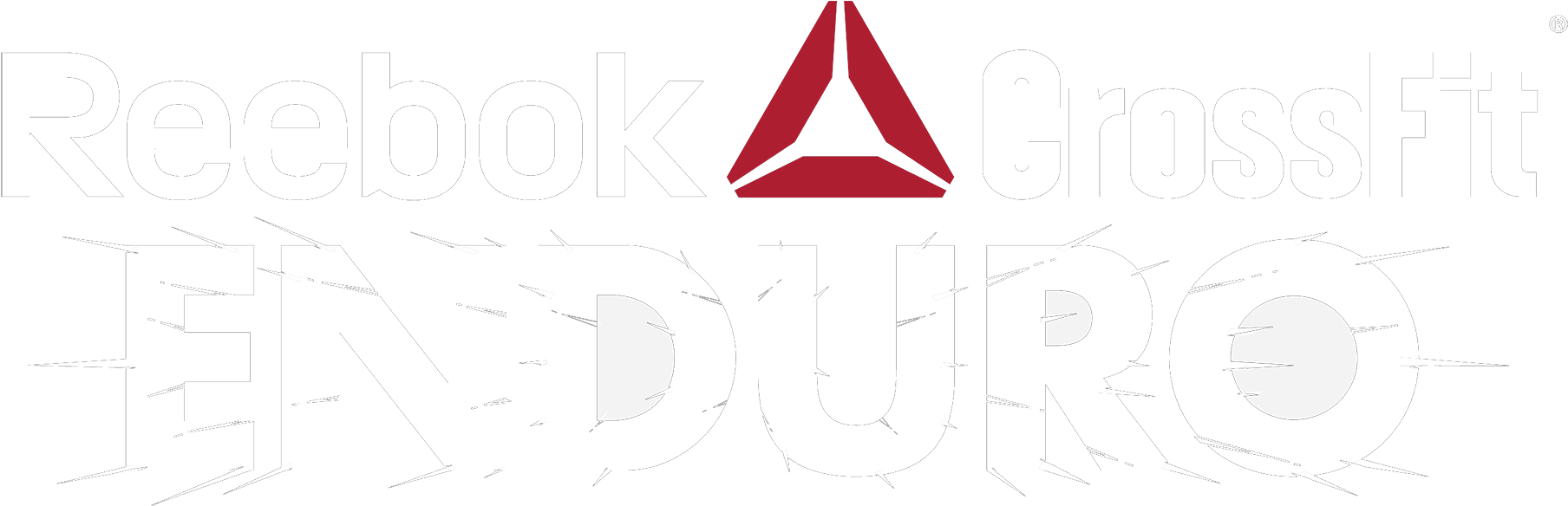 銳步 桌布 壁紙 — 大膽的白色和紅色 Reebok CrossFit ENDURO 標誌，帶有碎裂效果，背景為黑色。