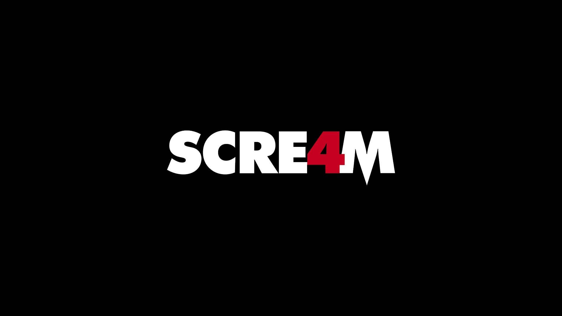 吶喊 桌布 壁紙 — 大膽的白色和紅色「SCREAM」標誌，中間有個風格化的「4」，襯托在純黑色背景上。