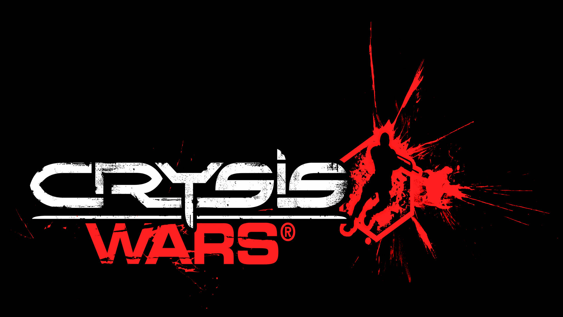 末日之戰：獵殺悍將 桌布 壁紙 — 大膽的白色和紅色Crysis Wars標誌，黑色背景上有紅色濺射圖案的士兵剪影。