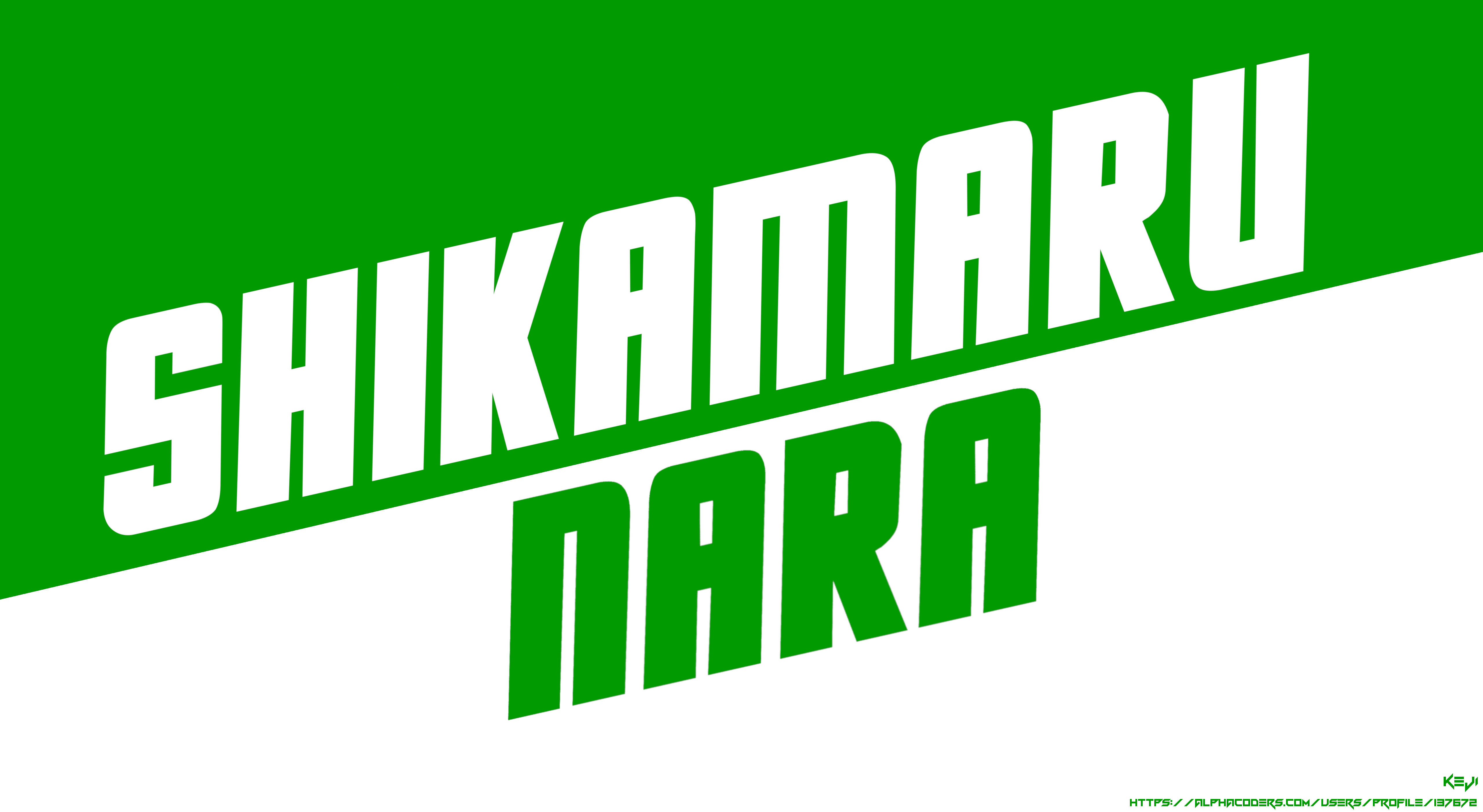 Shikamaru 桌布 壁紙 — 大膽的白色和綠色斜體文字在分割的綠色和白色背景上寫著「SHIKAMARU NARA」。