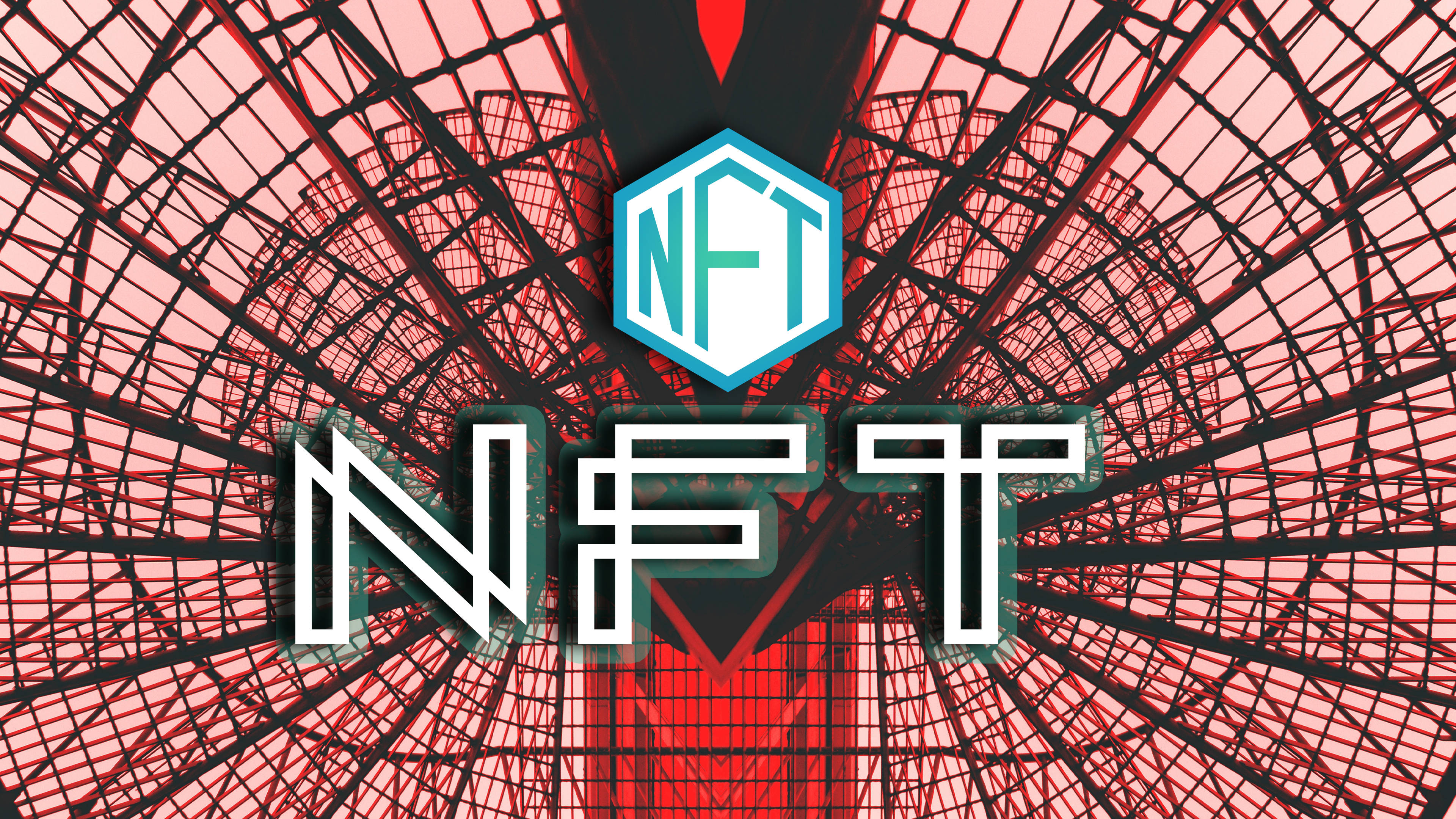 NFT 桌布 壁紙 — 大膽的白色和藍綠色NFT文字在紅色和黑色幾何網格背景上脫穎而出。