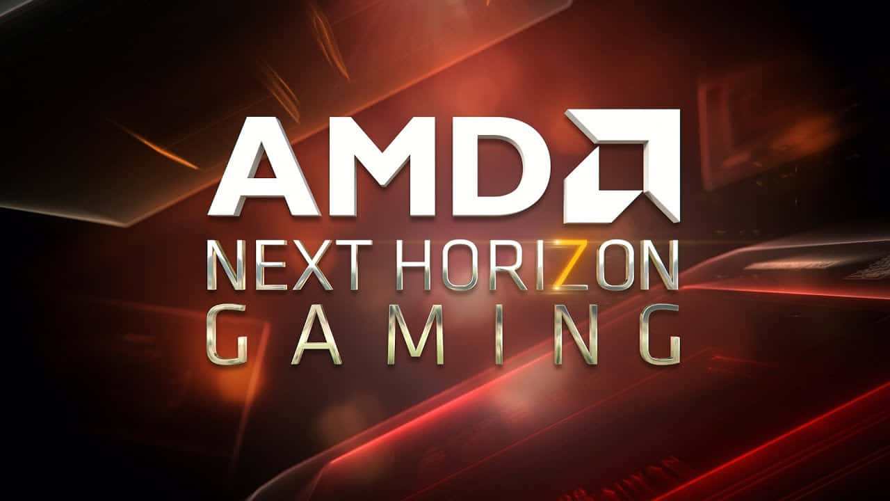 AMD 桌布 壁紙 — 大膽的白色和金色 AMD Next Horizon Gaming 文字在帶有光線條紋的動態紅黑抽象科技背景上發光。