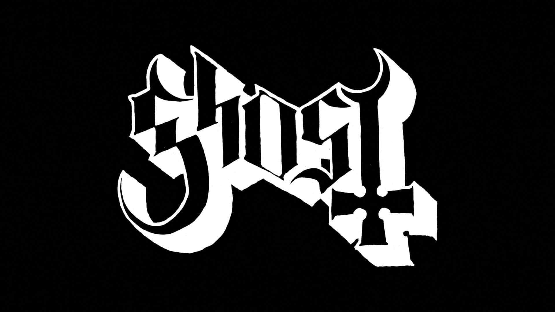 rock and roll 桌布 壁紙 — 大膽的白色哥德式字體拼出「Ghost」，帶有惡魔角和十字架圖案，襯托在純黑背景上。