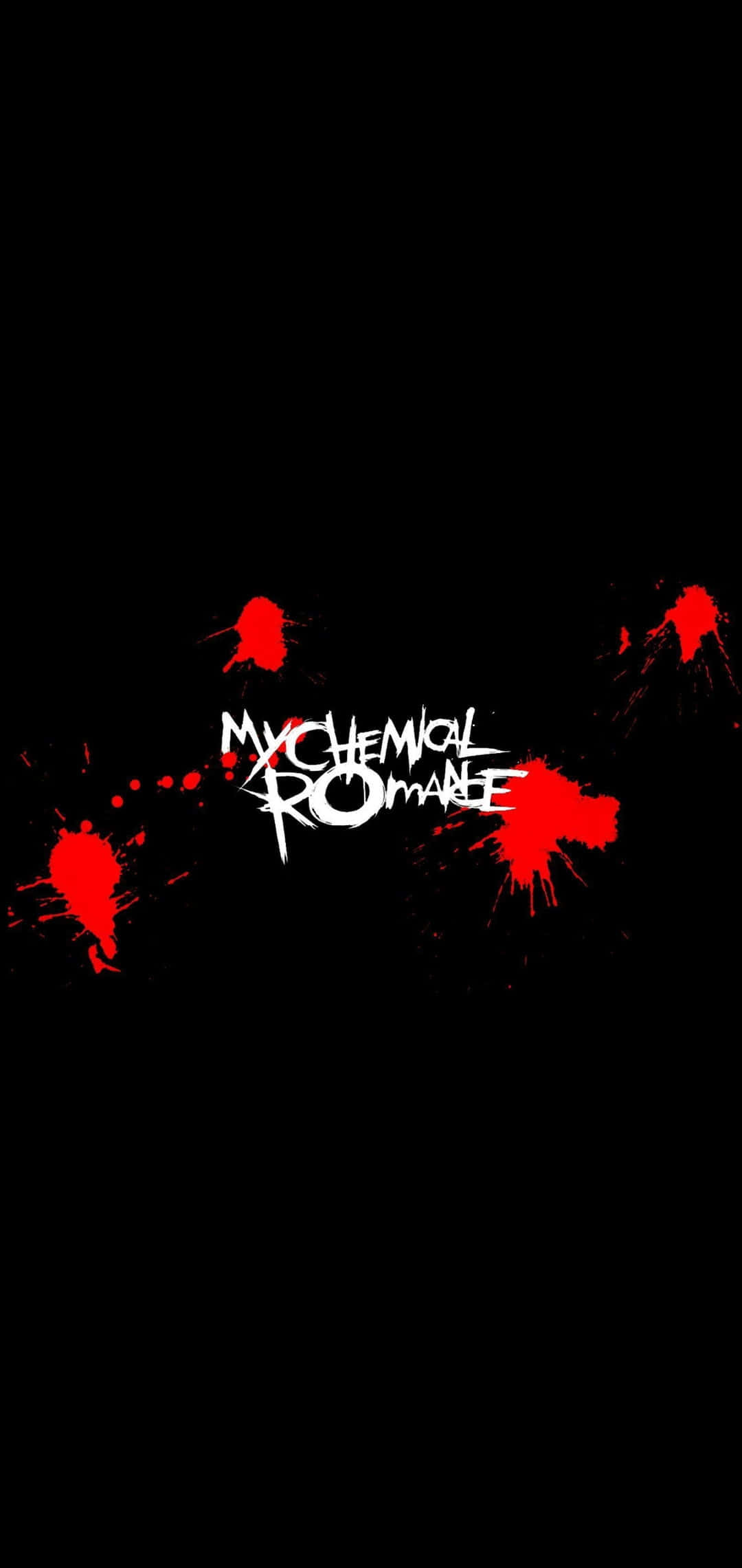 emo 桌布 壁紙 — 大膽的白色塗鴉文字「MY CHEMICAL ROMANCE」在純黑背景上濺滿鮮紅色顏料。