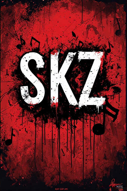 Stray Kids-Inspired Graffiti Wallpaper with Urban Textures and SKZ Lettering 壁紙 — 大膽的白色塗鴉風格SKZ字母主導了帶有紋理的紅色背景，上面濺有黑色墨水和散落的音符。