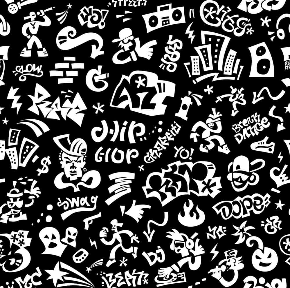 Rap Aesthetic 桌布 壁紙 — 大膽的白色塗鴉風格圖標和文字在黑色背景上描繪了城市街頭文化和嘻哈元素。