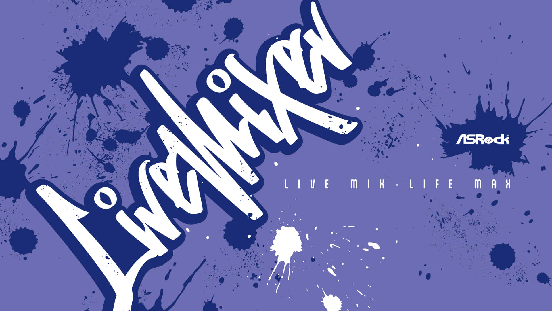 1920X1080 桌布 壁紙 — 大膽的白色塗鴉風格文字「LiveMixer」濺在帶有藍色和白色油漆飛濺的紫色背景上。