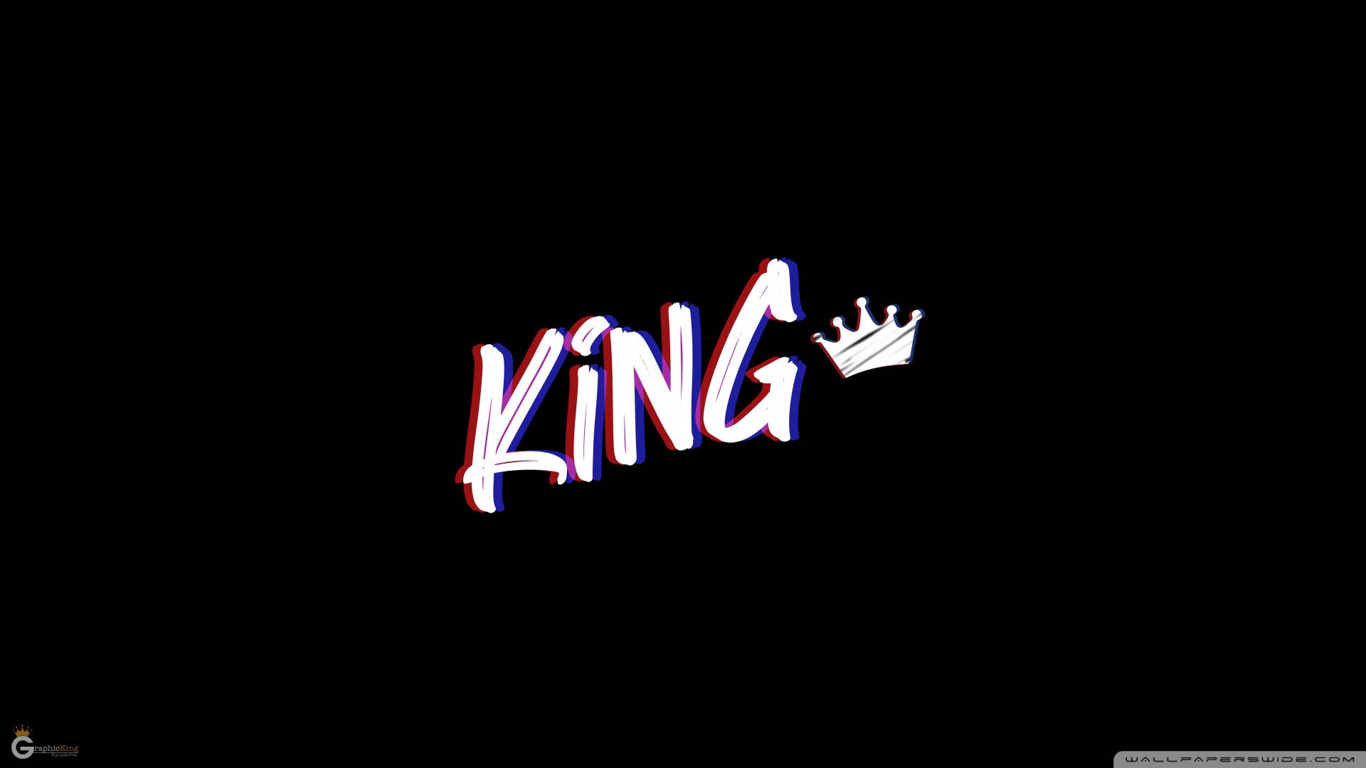 Black King 桌布 壁紙 — 大膽的白色塗鴉風格文字，拼出KING，帶有紅色和藍色輪廓，以及一個小王冠圖標，背景為黑色。