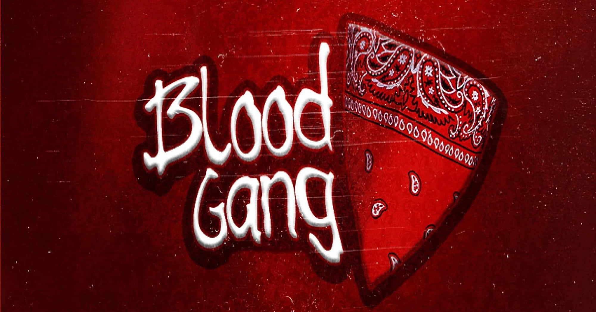 Gang 桌布 壁紙 — 大膽的白色塗鴉風格文字寫著「Blood Gang」，旁邊是一條帶有白色佩斯利花紋的紅色頭巾，背景為紋理深紅色。