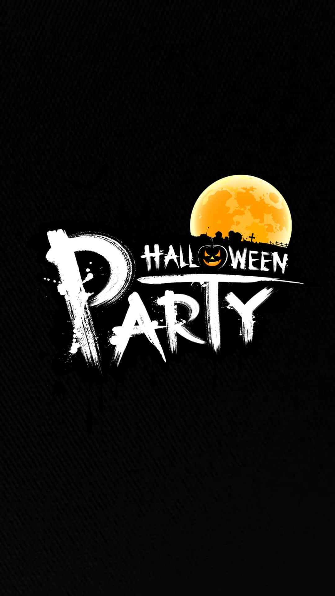 Halloween Party 桌布 壁紙 — 大膽的白色塗鴉風格文字寫著 Halloween Party，背景為黑色紋理背景，帶有發光的橙色月亮和剪影墓地。