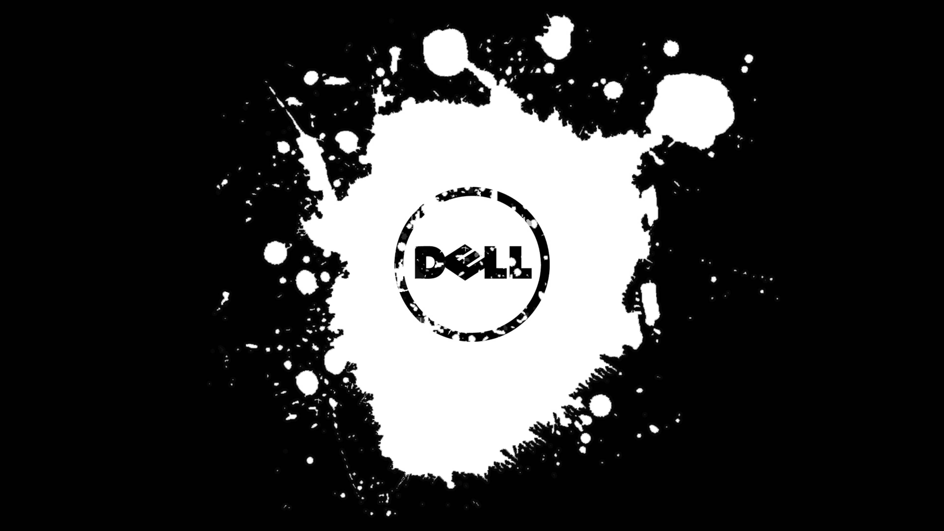dell 4K 桌布 壁紙 — 大膽的白色墨水飛濺在鮮明的黑色背景上，顯露出磨損的 Dell 標誌居中。
